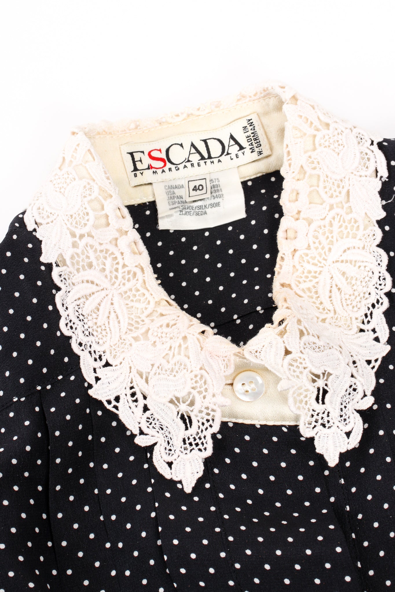 Vintage Escada Crochet Collar Dotted Silk Blouse collar at Recess Los Angeles