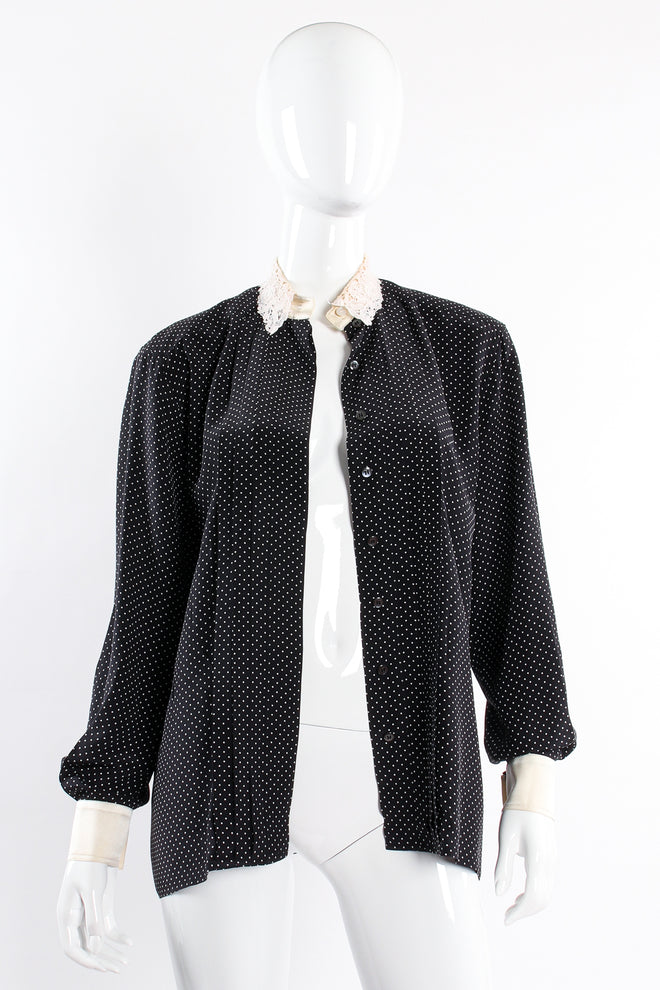 Vintage Escada Crochet Collar Dotted Silk Blouse on Mannequin open at Recess Los Angeles