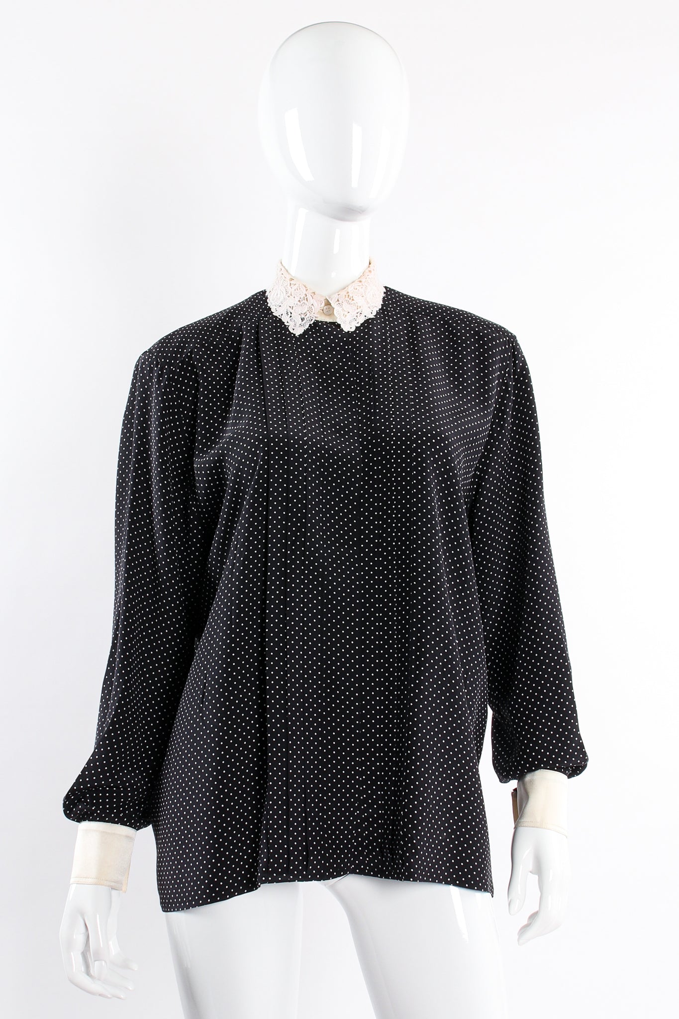 Vintage Escada Crochet Collar Dotted Silk Blouse on Mannequin front at Recess Los Angeles