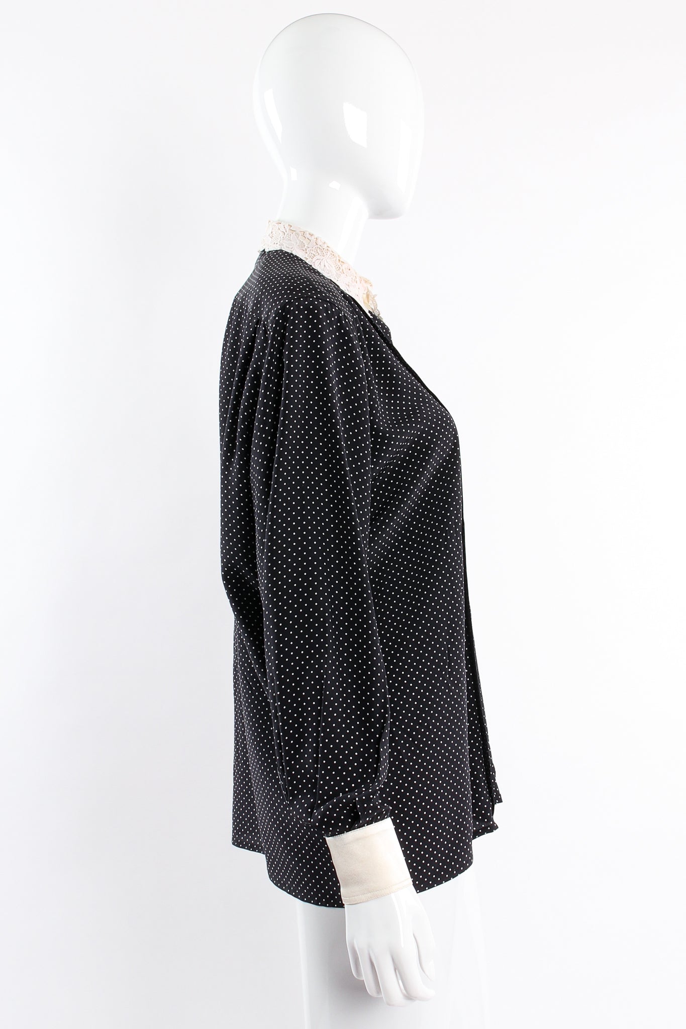Vintage Escada Crochet Collar Dotted Silk Blouse on Mannequin side at Recess Los Angeles