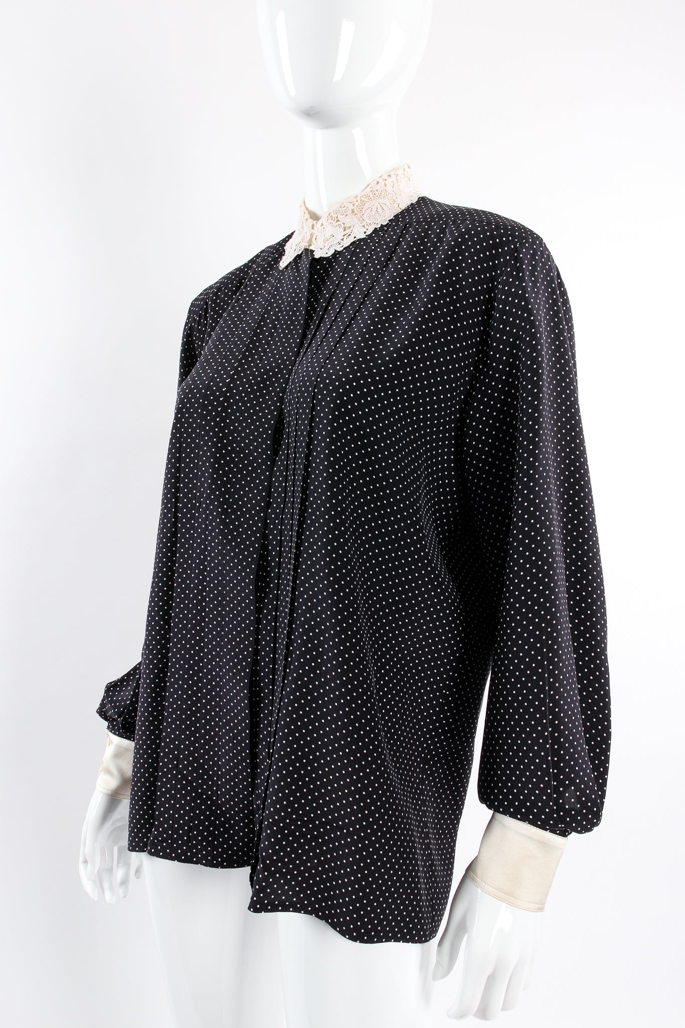 Vintage Escada Crochet Collar Dotted Silk Blouse on Mannequin angle at Recess Los Angeles