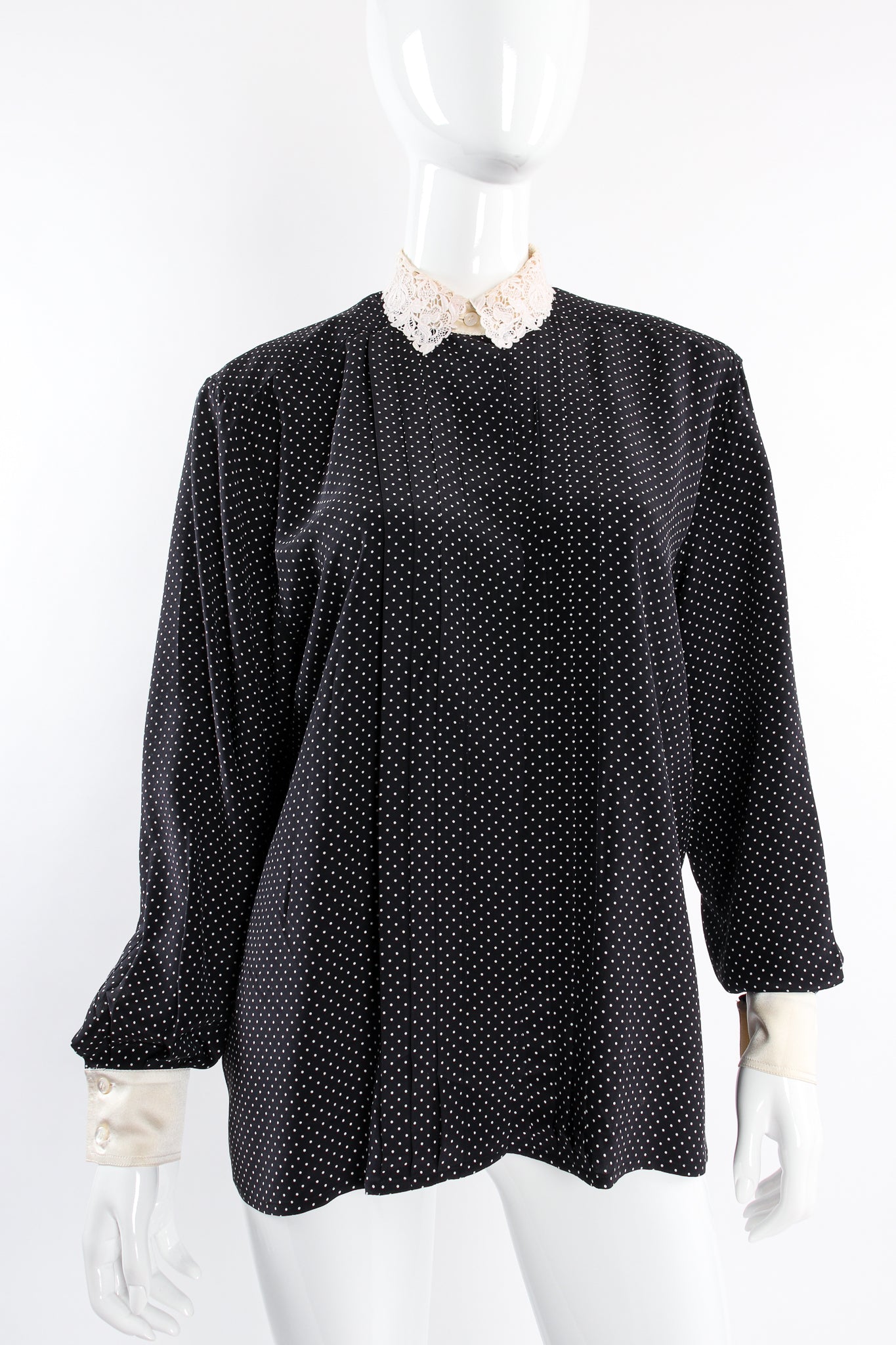 Vintage Escada Crochet Collar Dotted Silk Blouse on Mannequin front at Recess Los Angeles