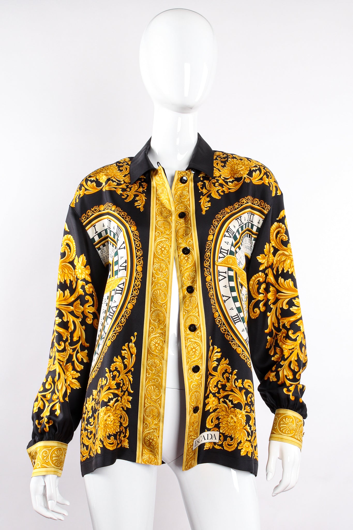 Vintage Escada Silk Baroque Sun Dial Shirt Versace Inspired on mannequin open at Recess LA