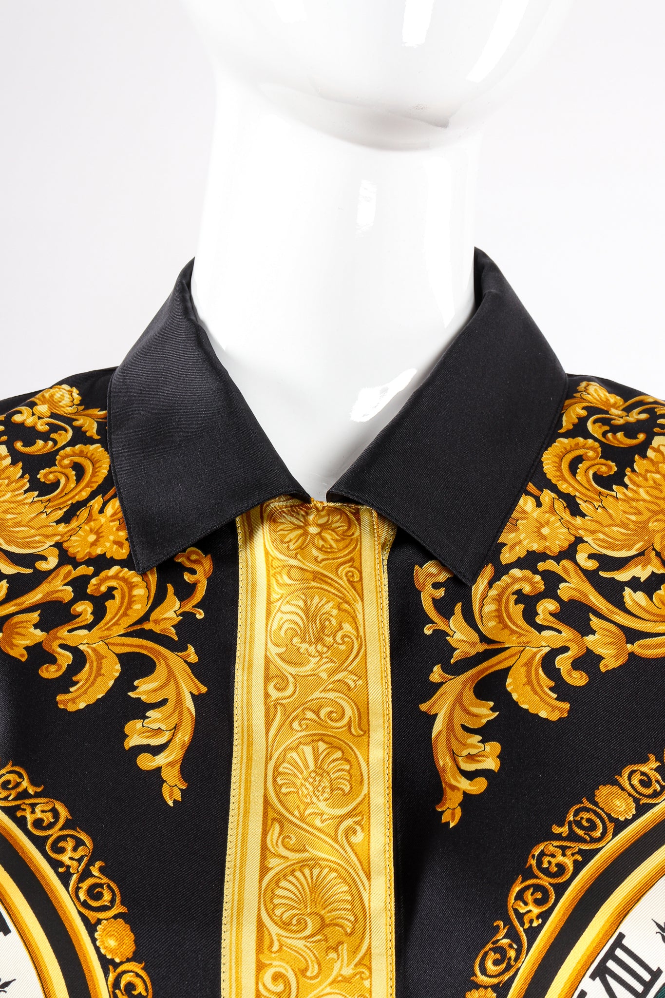 Vintage Escada Silk Baroque Sun Dial Shirt Versace Inspired on mannequin collar at Recess LA