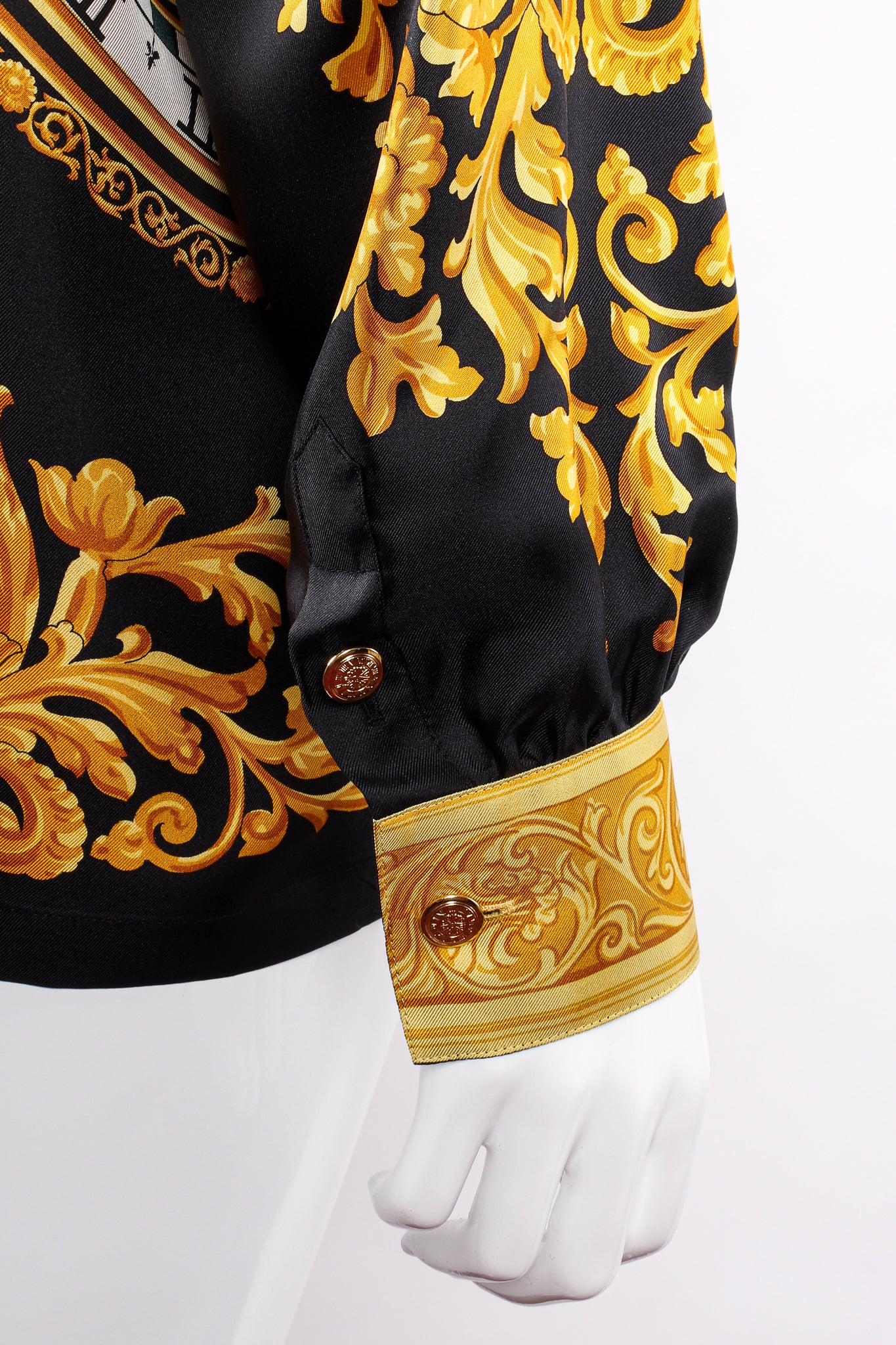 Vintage Escada Silk Baroque Sun Dial Shirt Versace Inspired on mannequin sleeve cuff at Recess LA