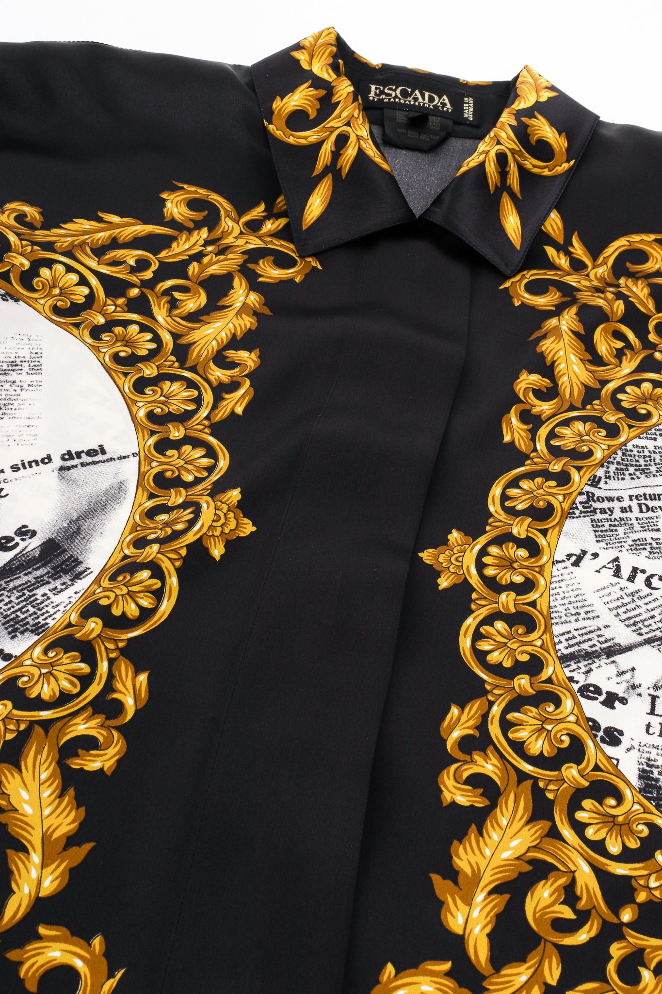 Vintage Escada Baroque Newspaper Print Shirt Galliano Inspired flat at Recess LA