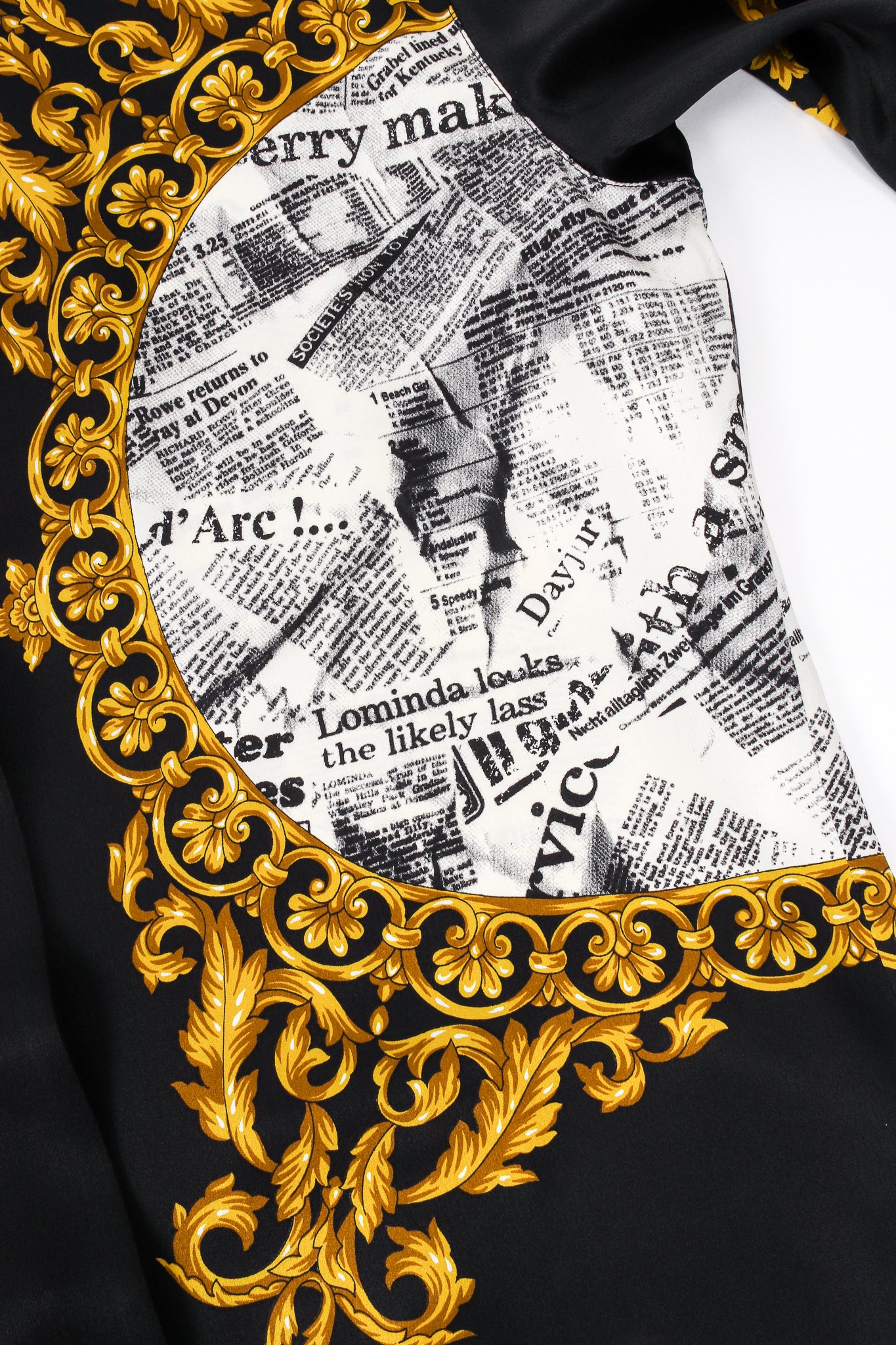 Vintage Escada Baroque Newspaper Print Shirt Galliano Inspired print detail front at Recess LA