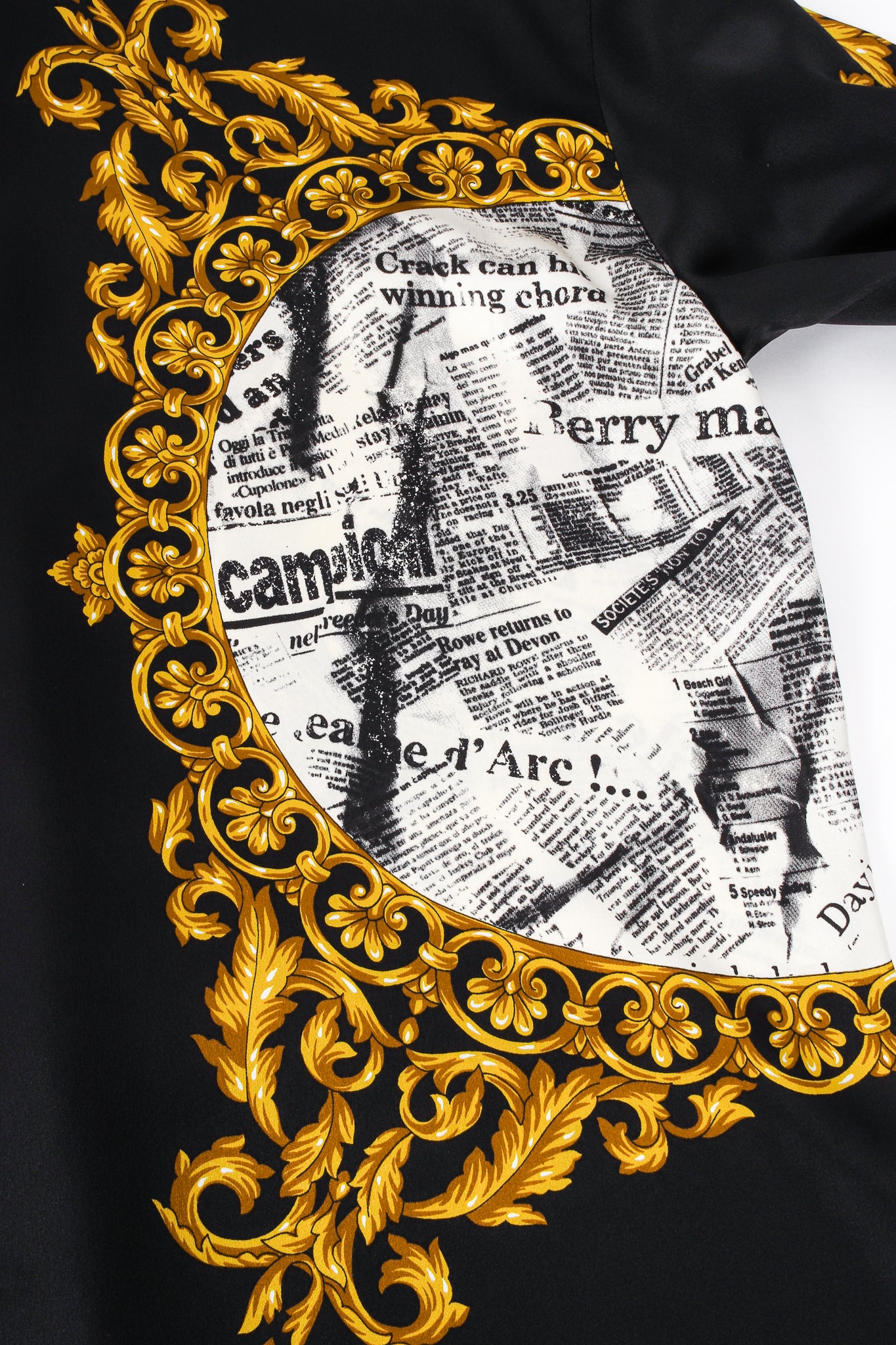 Vintage Escada Baroque Newspaper Print Shirt Galliano Inspired print detail back at Recess LA