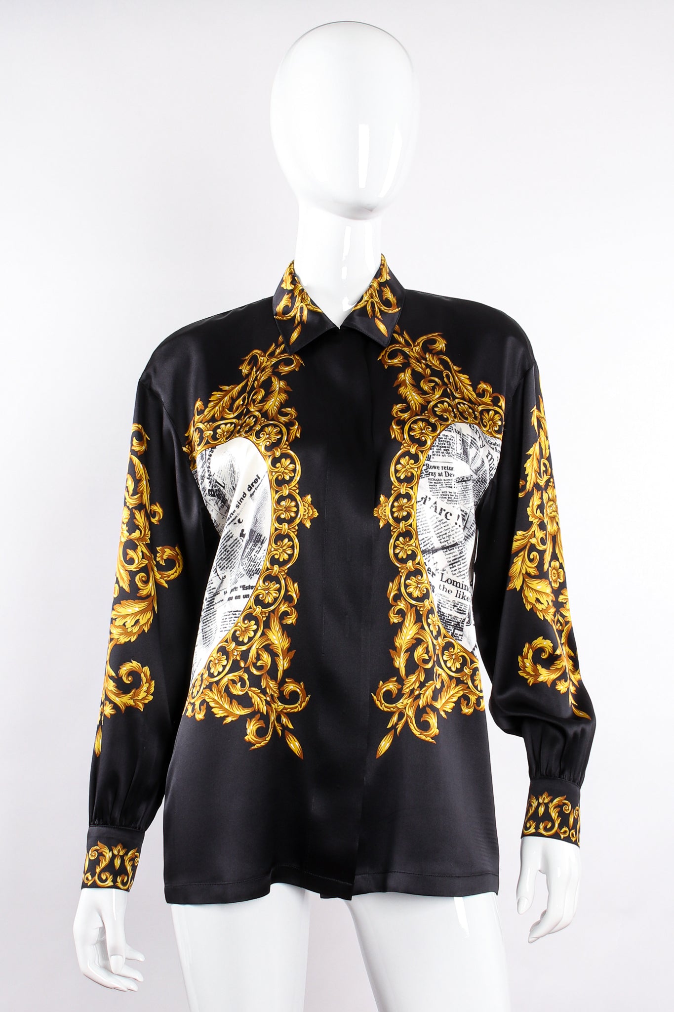 Vintage Escada Baroque Newspaper Print Shirt Galliano Inspired on Mannequin front at Recess LA