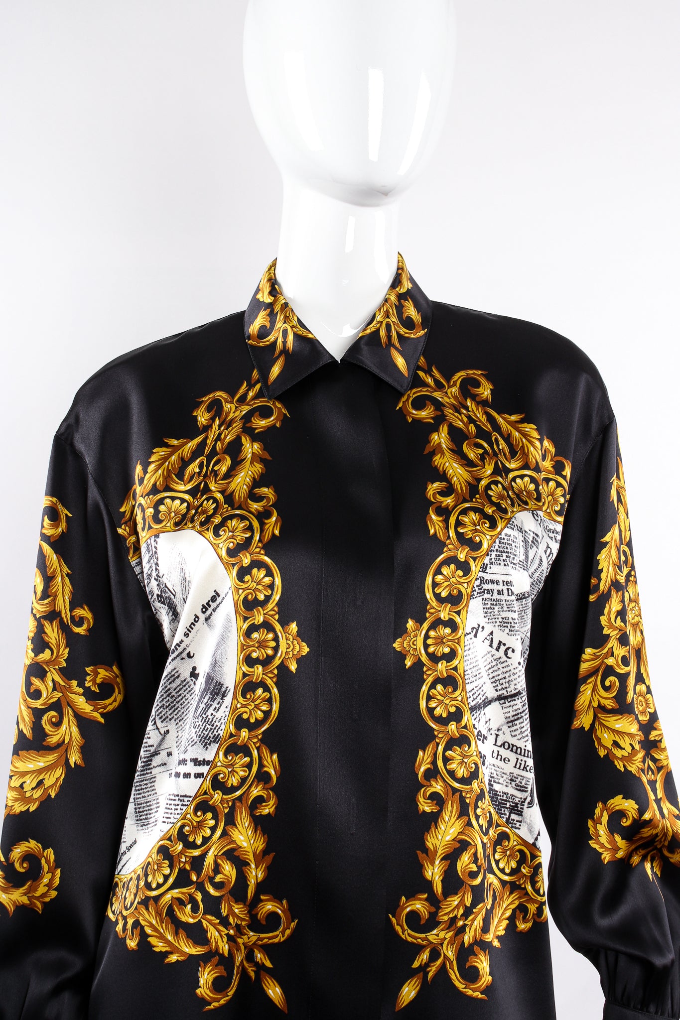 Vintage Escada Baroque Newspaper Print Shirt Galliano Inspired on Mannequin crop at Recess LA