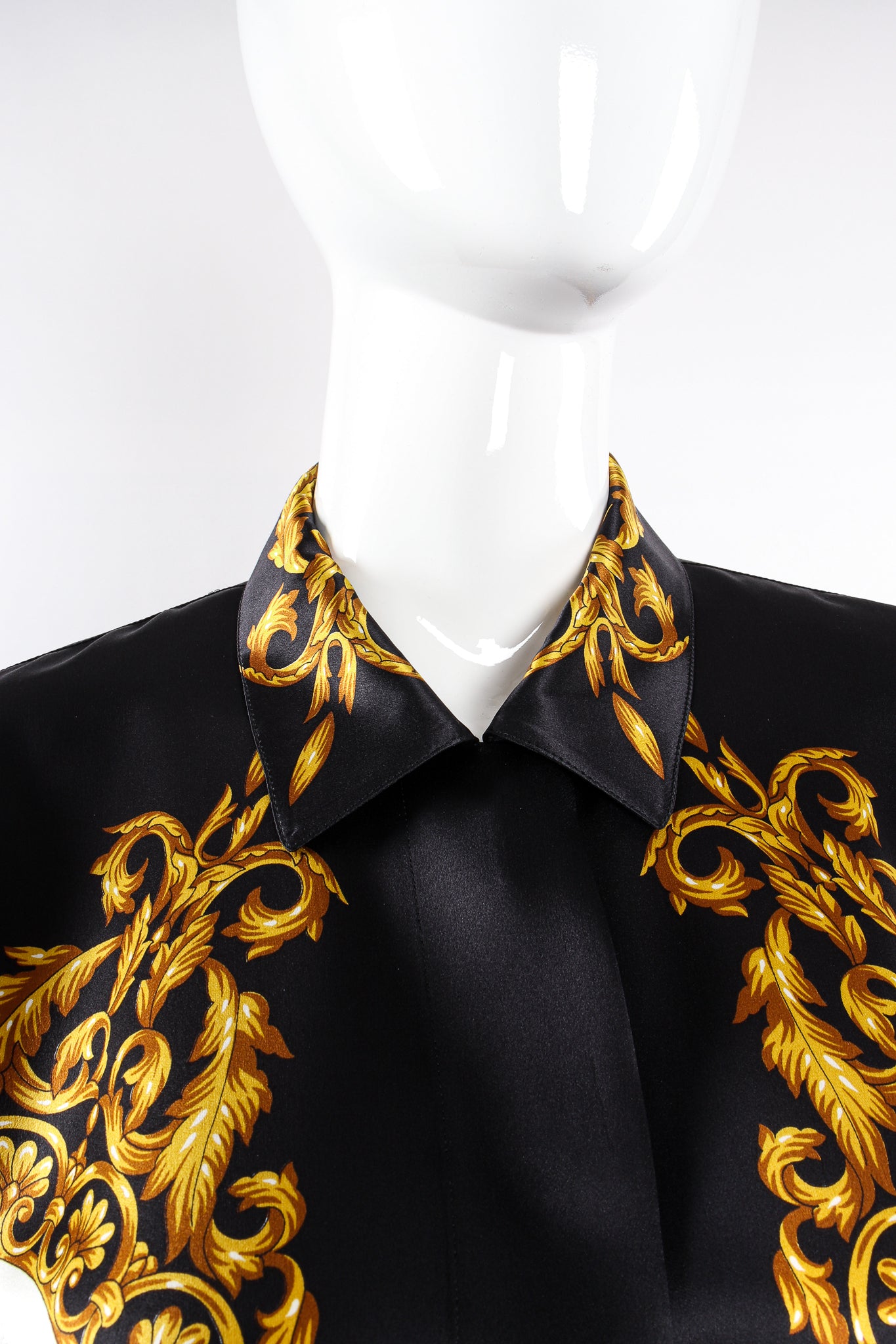 Vintage Escada Baroque Newspaper Print Shirt Galliano Inspired on Mannequin collar at Recess LA