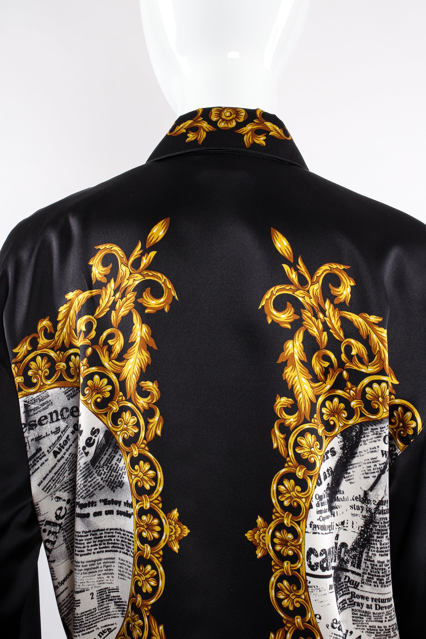 Vintage Escada Baroque Newspaper Print Shirt Galliano Inspired on Mannequin back crop at Recess LA