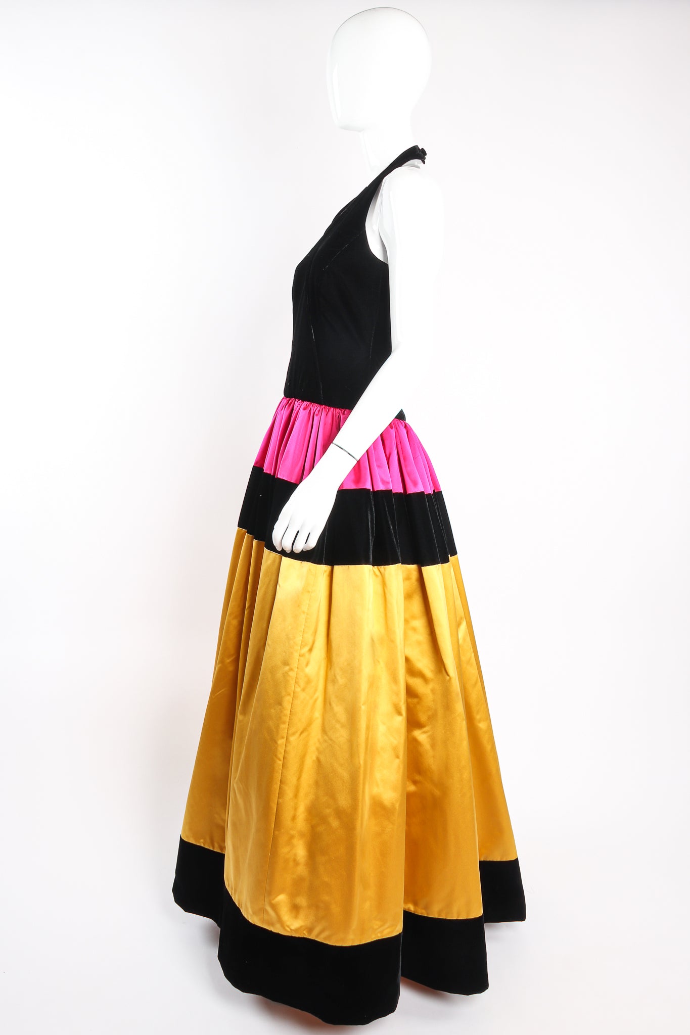 Vintage Escada Colorblock Satin Halter Ball Gown on Mannequin side at Recess Los Angeles
