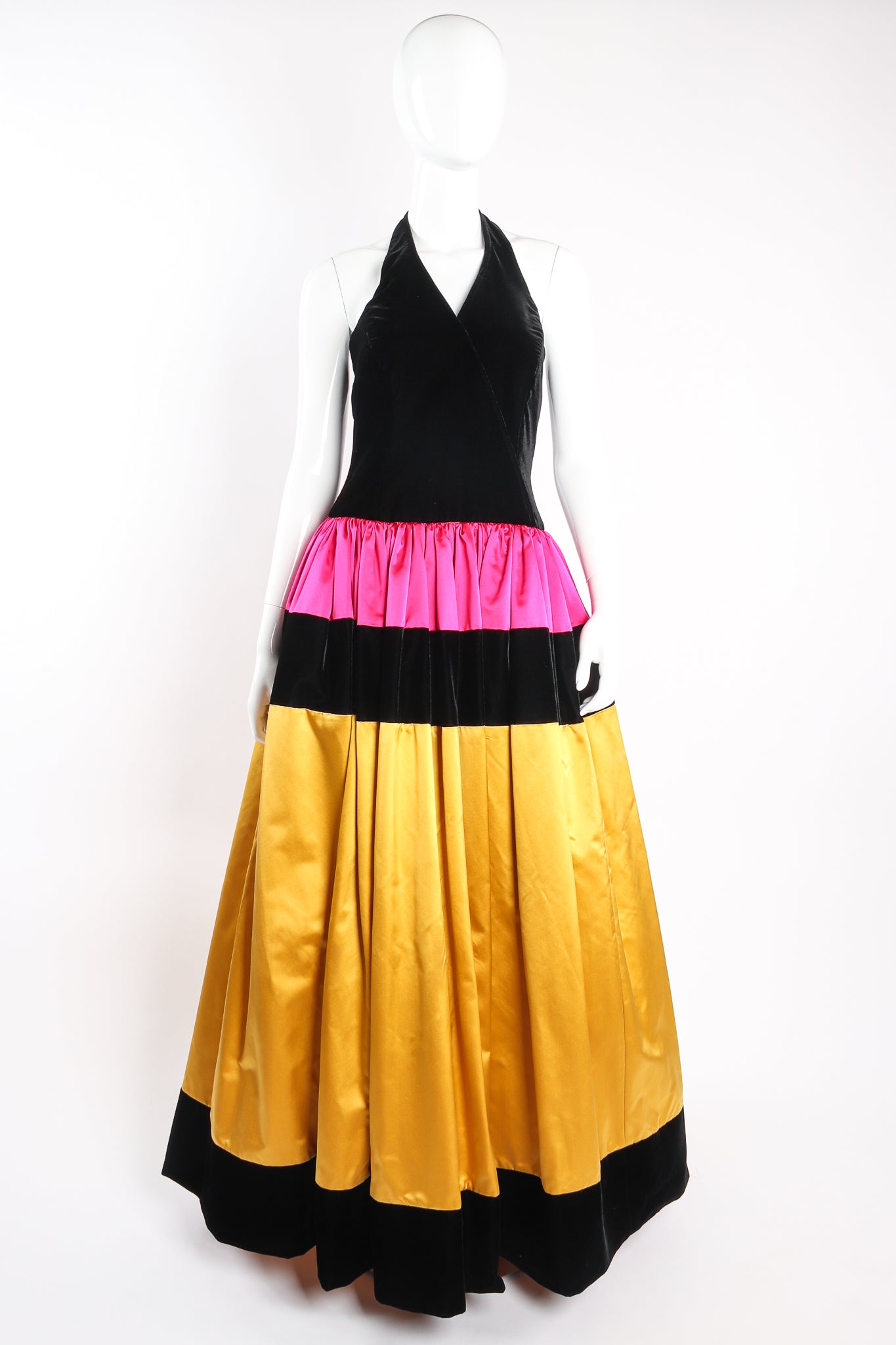 Vintage Escada Colorblock Satin Halter Ball Gown on Mannequin front at Recess Los Angeles