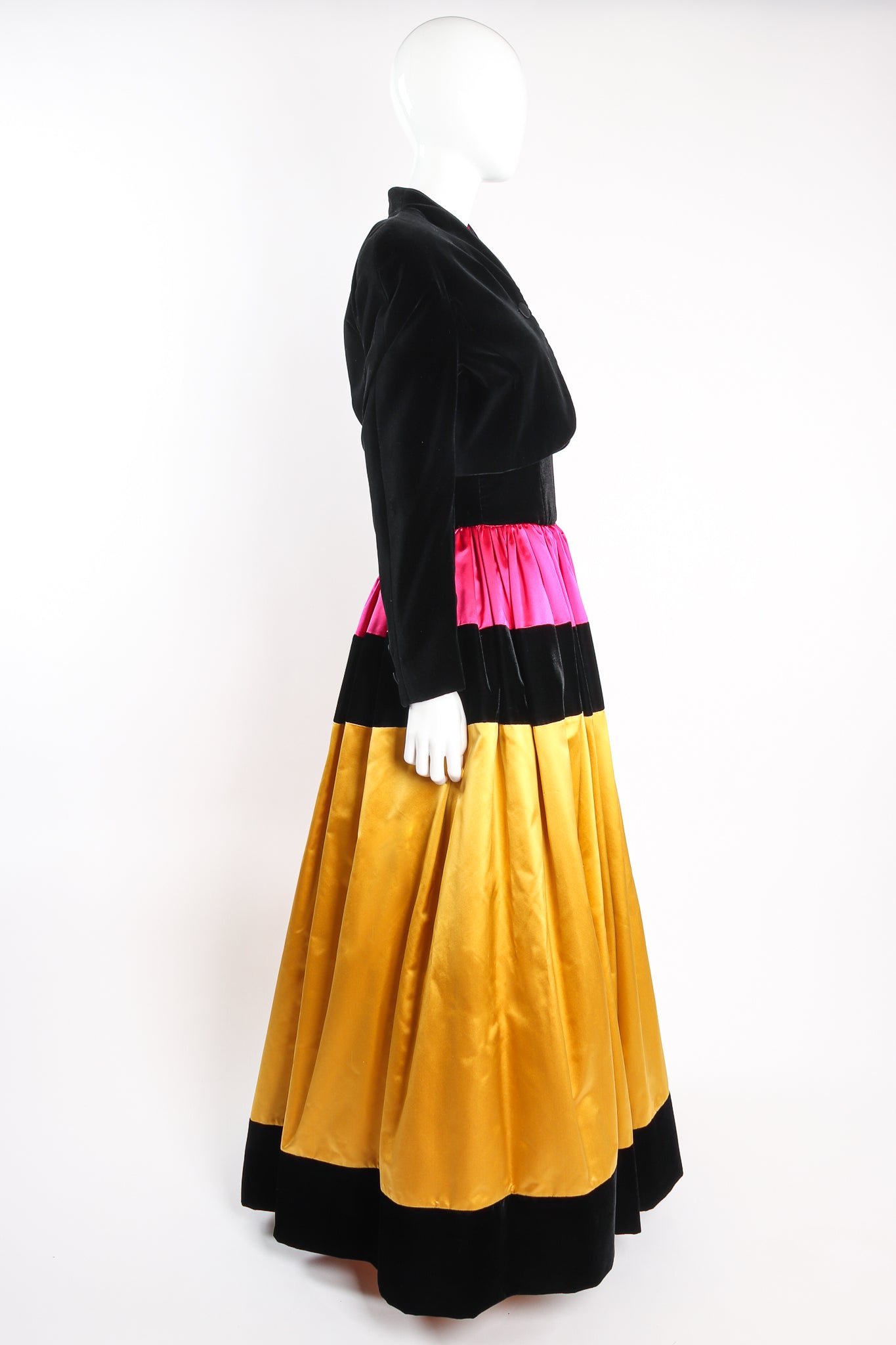 Vintage Escada Colorblock Satin Halter Ball Gown & Jacket on Mannequin side at Recess Los Angeles