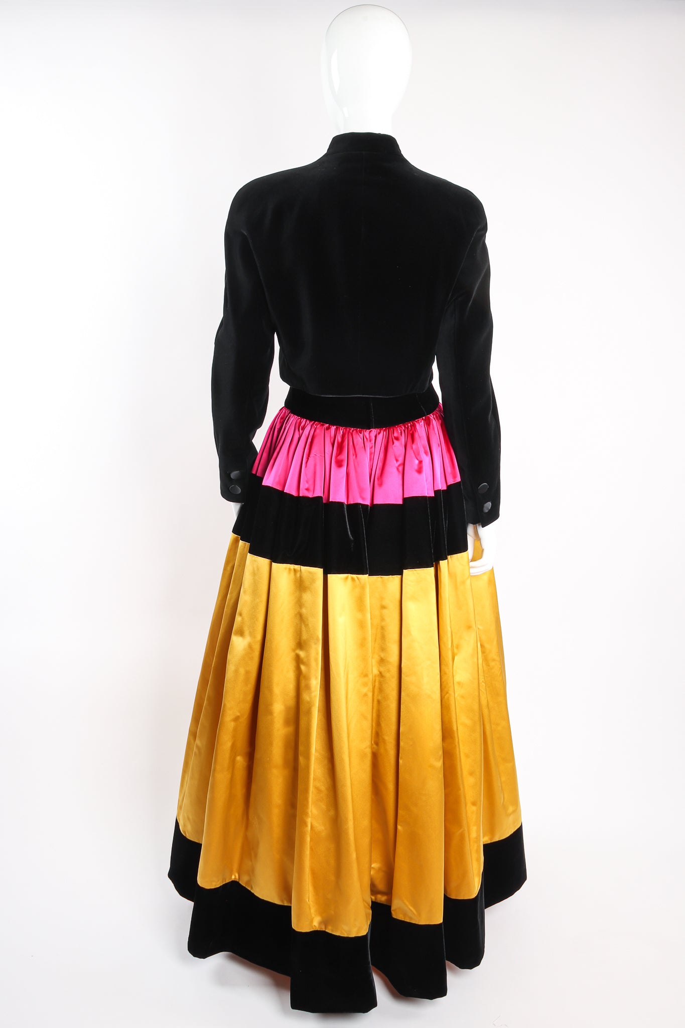 Vintage Escada Colorblock Satin Halter Ball Gown & Jacket on Mannequin back at Recess Los Angeles