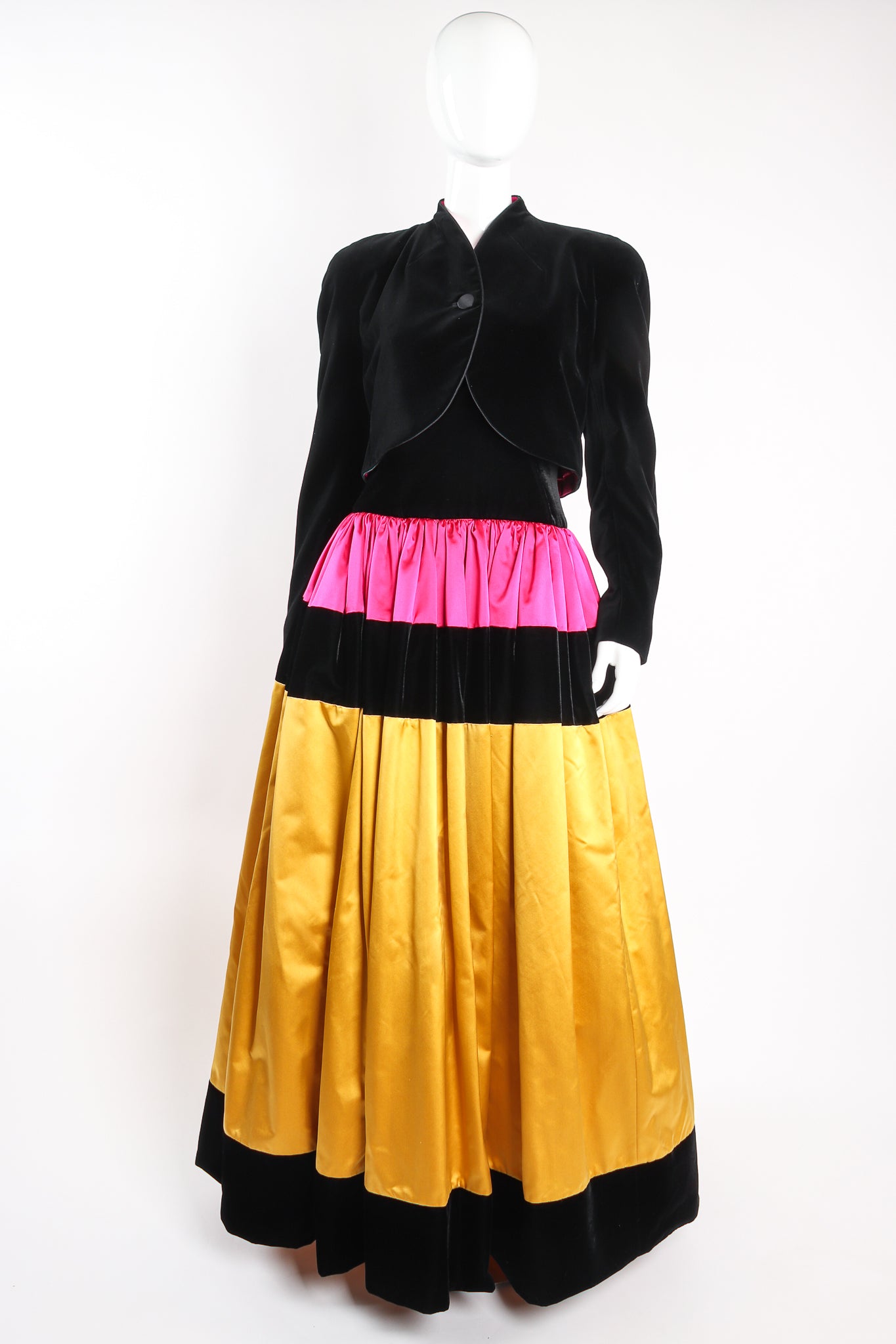 Vintage Escada Colorblock Satin Halter Ball Gown & Jacket on Mannequin front at Recess Los Angeles