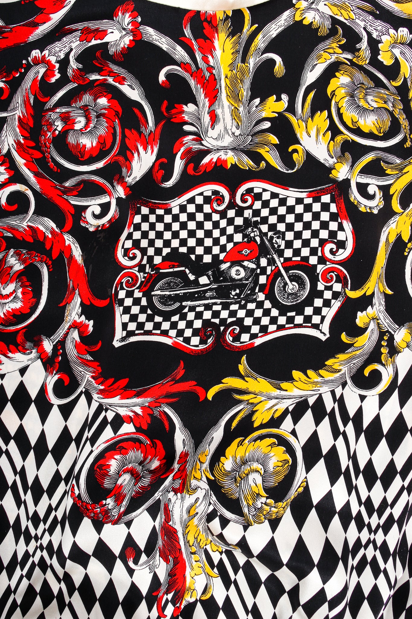 Vintage Escada Checkered Motorcycle Rally Silk Bodysuit print detail at Recess LA