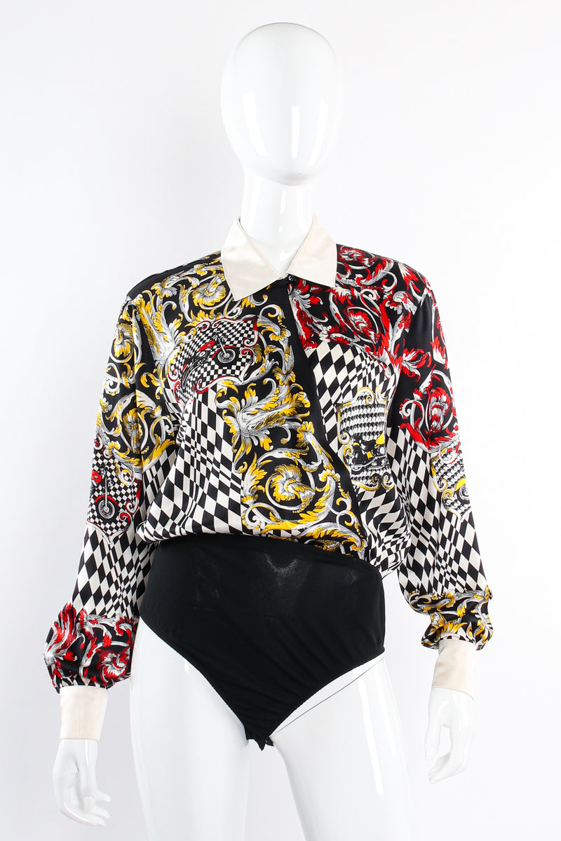Vintage Escada Checkered Motorcycle Rally Silk Bodysuit on Mannequin front at Recess LA
