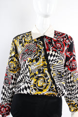 Vintage Escada Checkered Motorcycle Rally Silk Bodysuit on Mannequin front crop at Recess LA