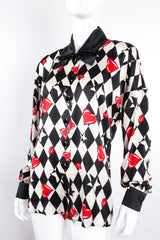 Vintage Escada Harlequin Hearts & Bows Silk Shirt on Mannequin angle at Recess Los Angeles