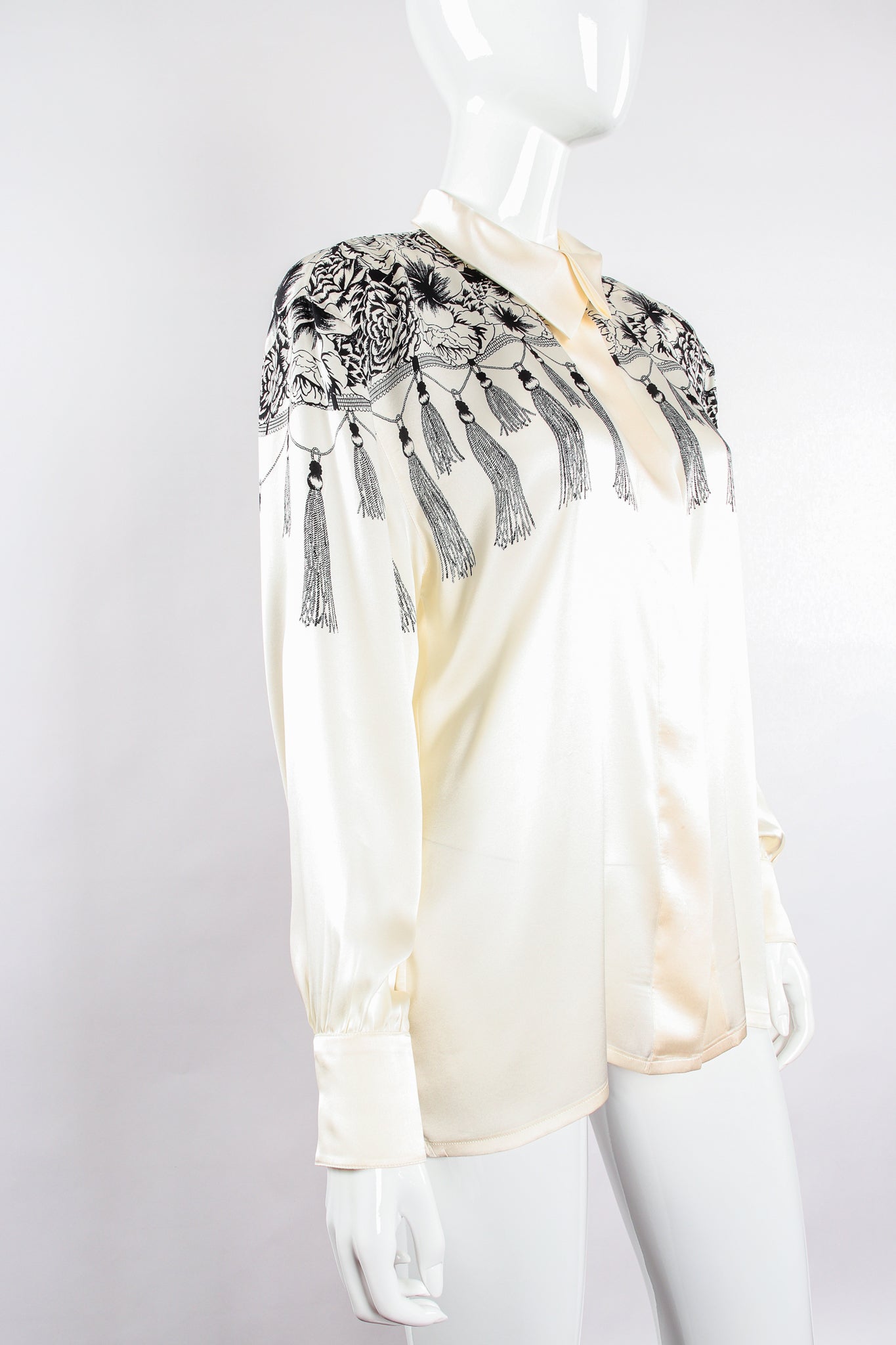 Vintage Escada Tasseled Mantilla Print Shirt on Mannequin angle at Recess Los Angeles