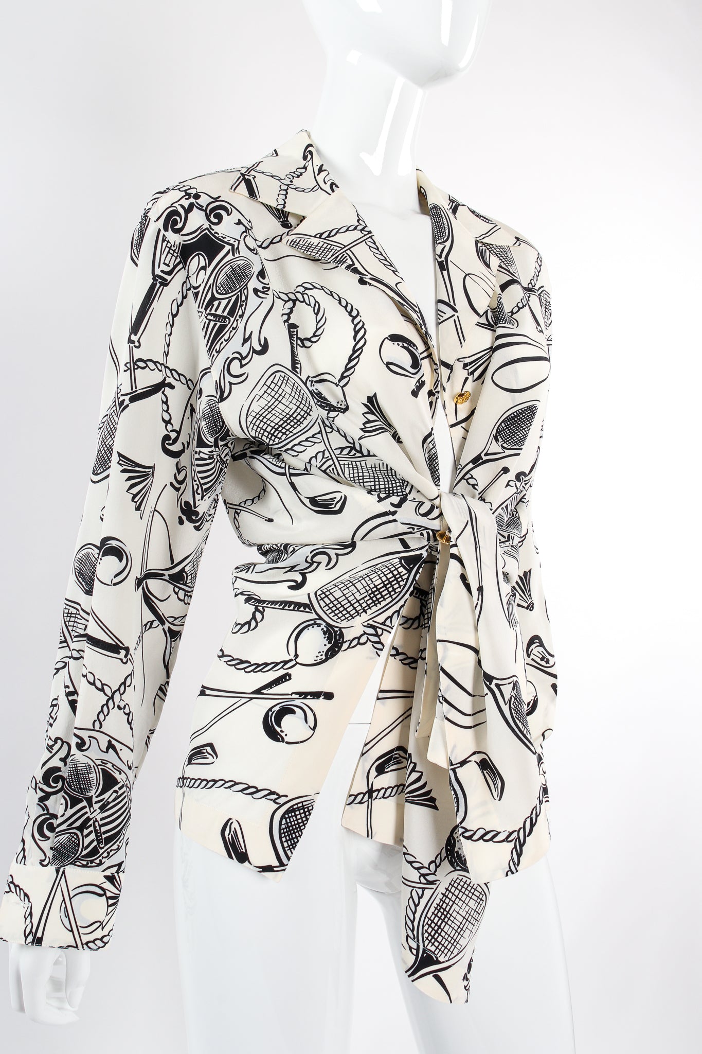 Vintage Escada Racquet Sport Print Silk Shirt on Mannequin tied angle at Recess Los Angeles