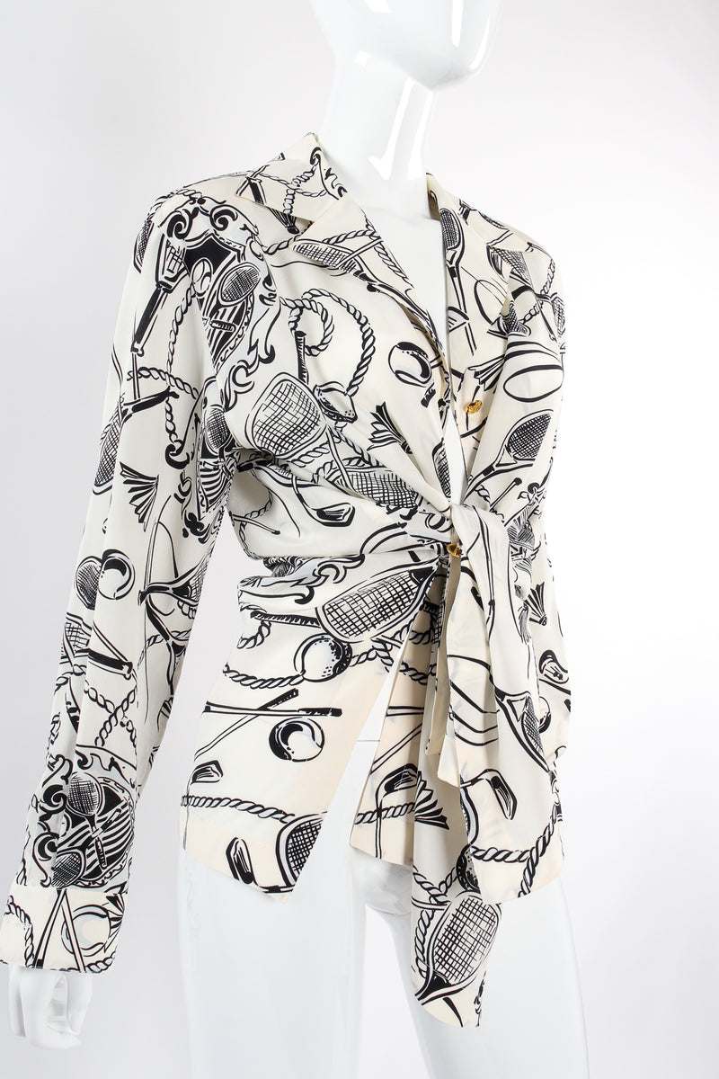 Vintage Escada Racquet Sport Print Silk Shirt on Mannequin tied angle at Recess Los Angeles
