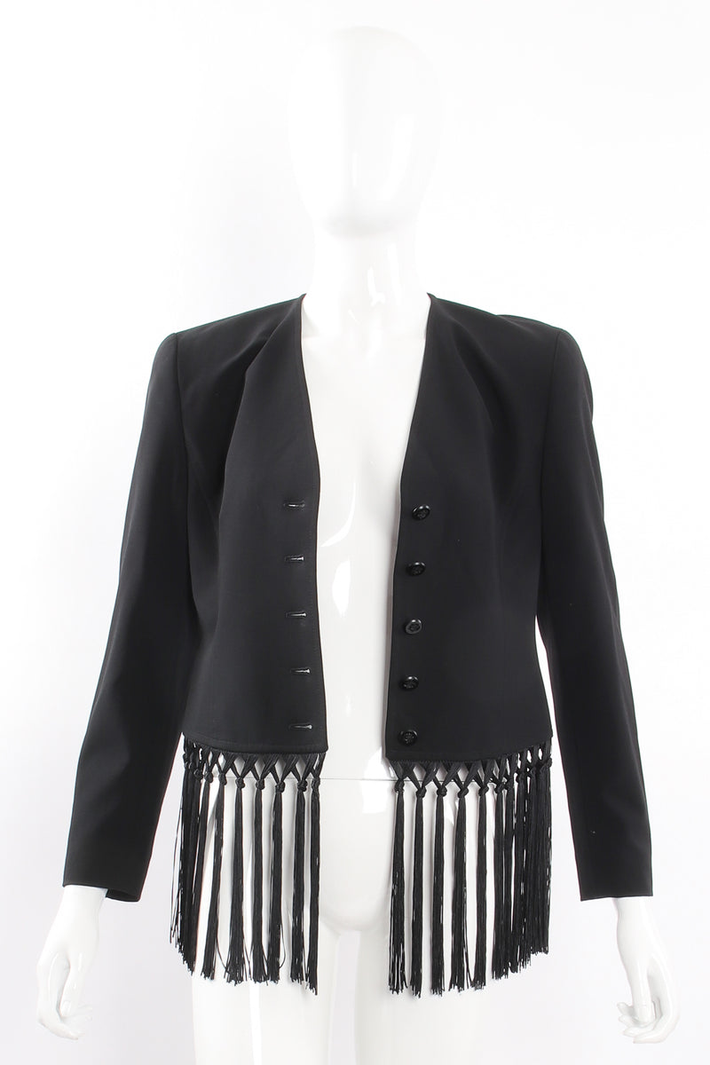 Vintage Escada Macrame Fringe Jacket & Pant Suit on Mannequin jacket open at Recess Los Angeles