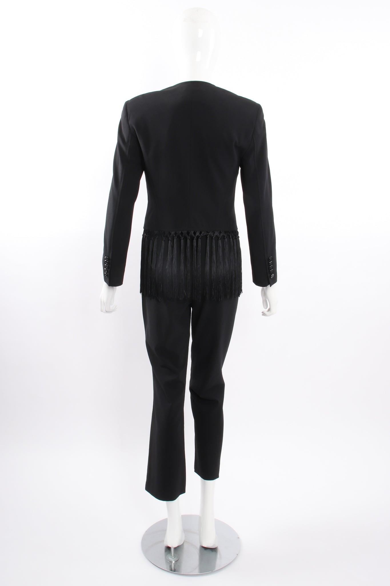 Vintage Escada Macrame Fringe Jacket & Pant Suit on Mannequin back at Recess Los Angeles