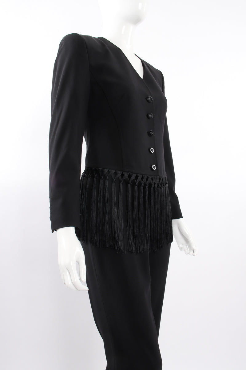 Vintage Escada Macrame Fringe Jacket & Pant Suit on Mannequin angle at Recess Los Angeles
