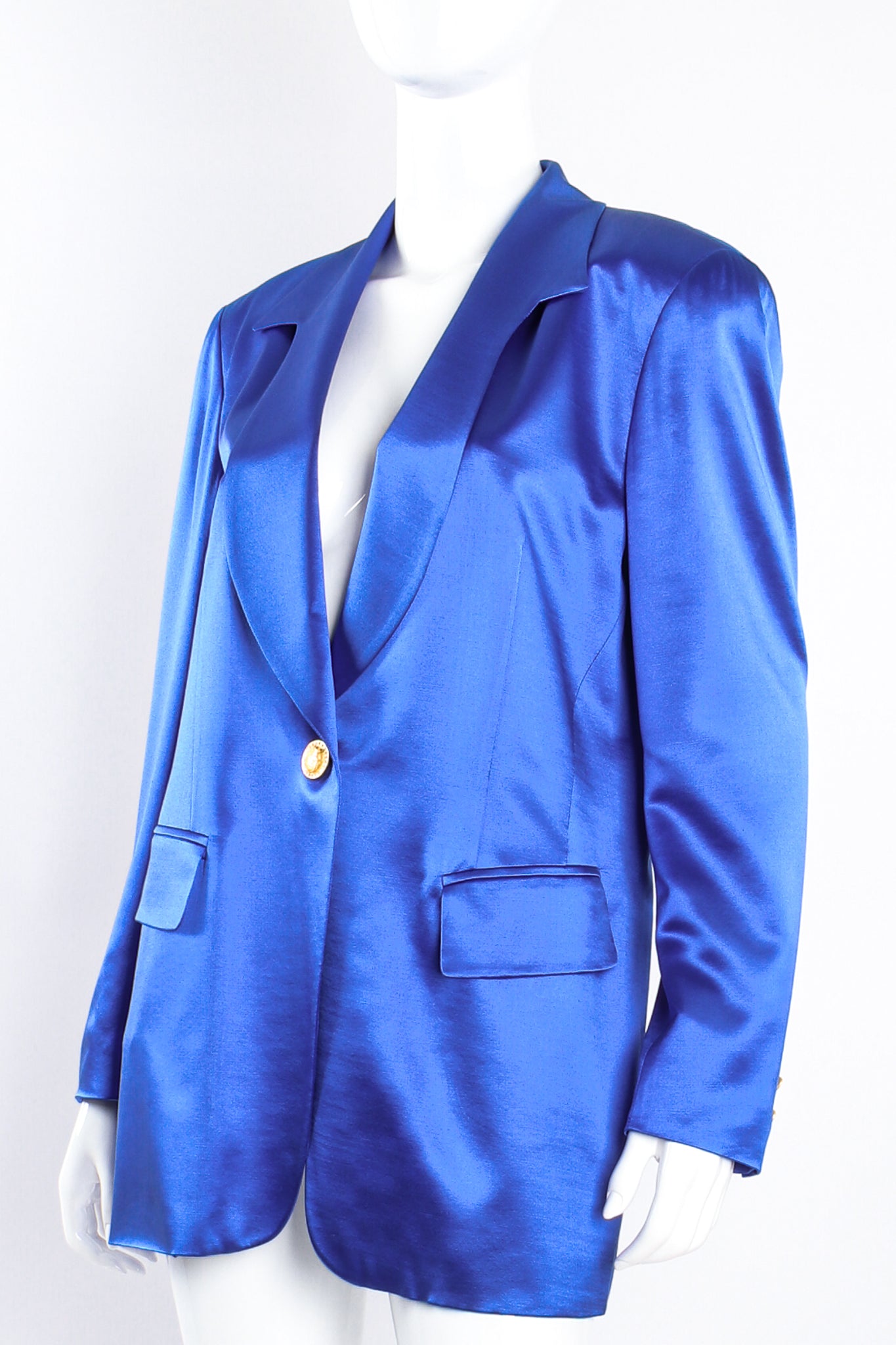 Vintage Escada Couture Royal Satin Boyfriend Jacket on mannequin angle at Recess Los Angeles