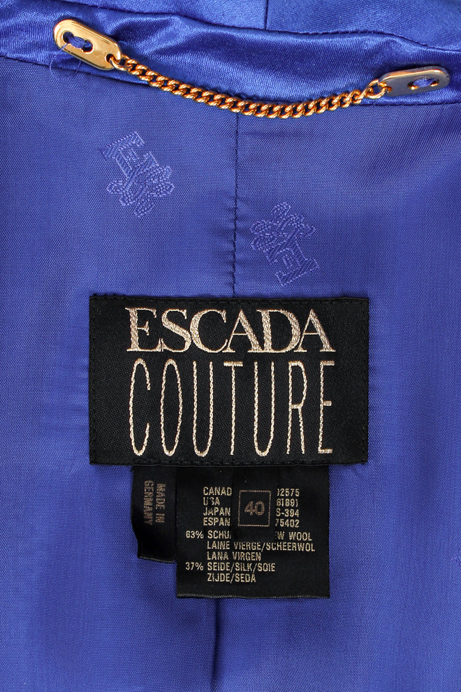 Vintage Escada Couture Royal Satin Boyfriend Jacket label at Recess Los Angeles