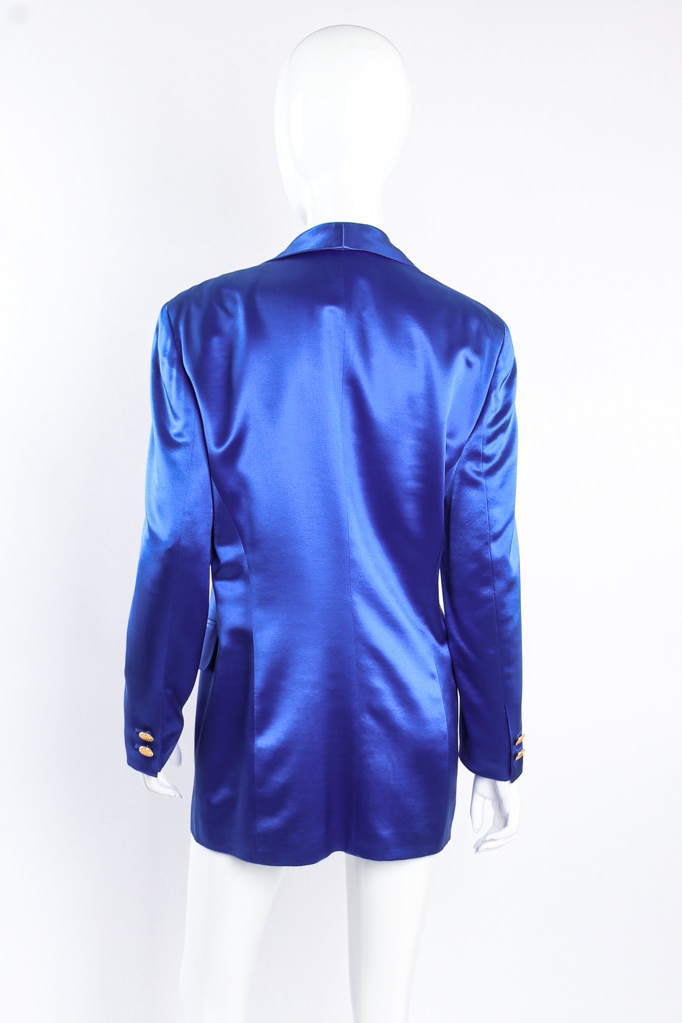 Vintage Escada Couture Royal Satin Boyfriend Jacket on mannequin back at Recess Los Angeles