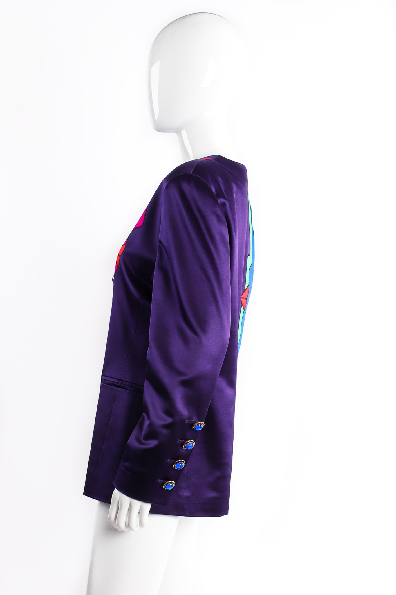 Vintage Escada Profile Color Block Satin Jacket Schiaparelli on Mannequin side at Recess LA