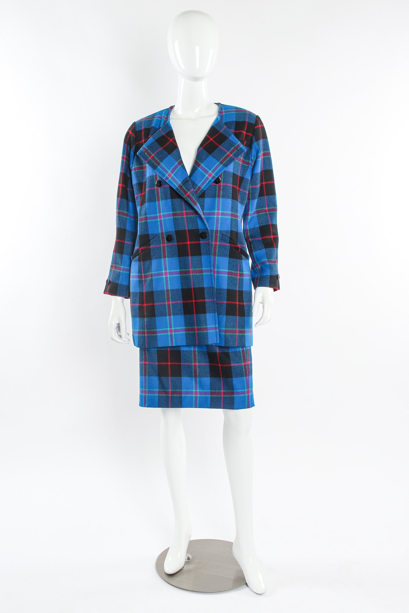 Vintage Escada Margaretha Ley 1980s Plaid Jacket & Skirt Set mannequin front V-neckline @ Recess LA