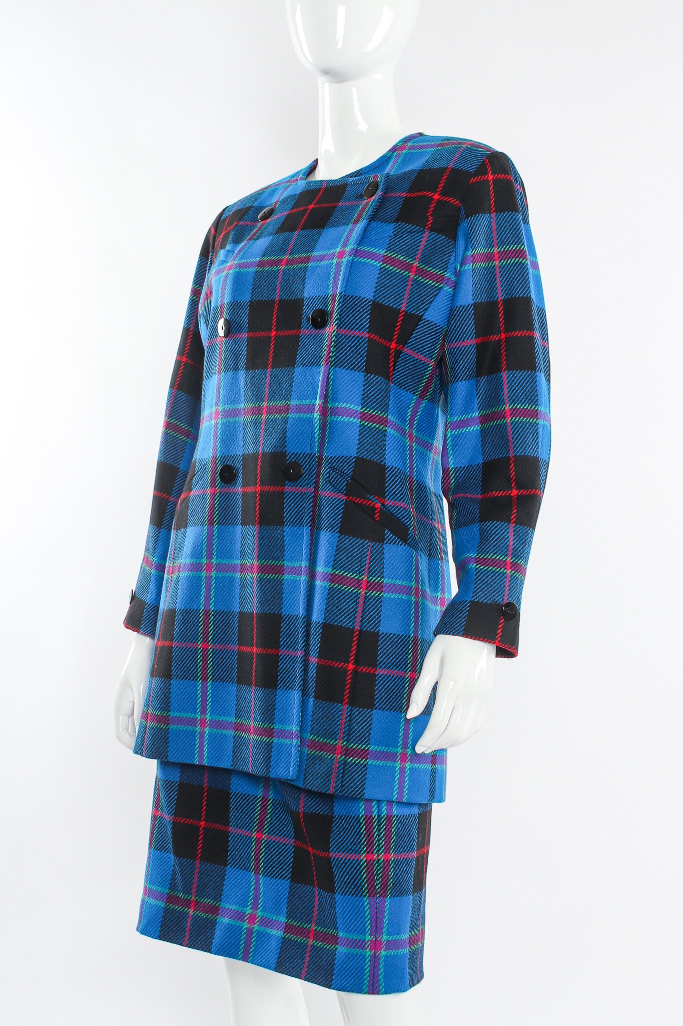 Vintage Escada Margaretha Ley 1980s Plaid Jacket & Skirt Set mannequin angle round collarline@ Recess LA