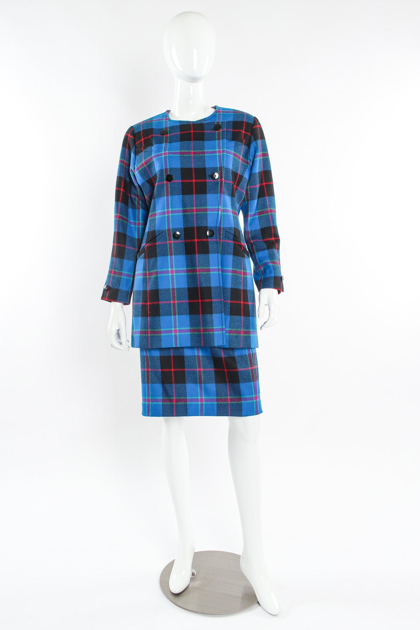 Vintage Escada Margaretha Ley 1980s Plaid Jacket & Skirt Set mannequin front round collar @ Recess LA