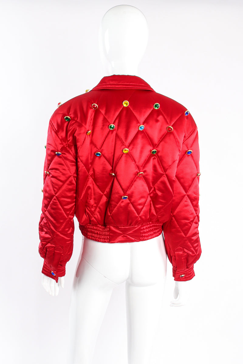 Vintage Escada Rainbow Jewel Quilted Satin Bomber on Mannequin back at Recess Los Angeles