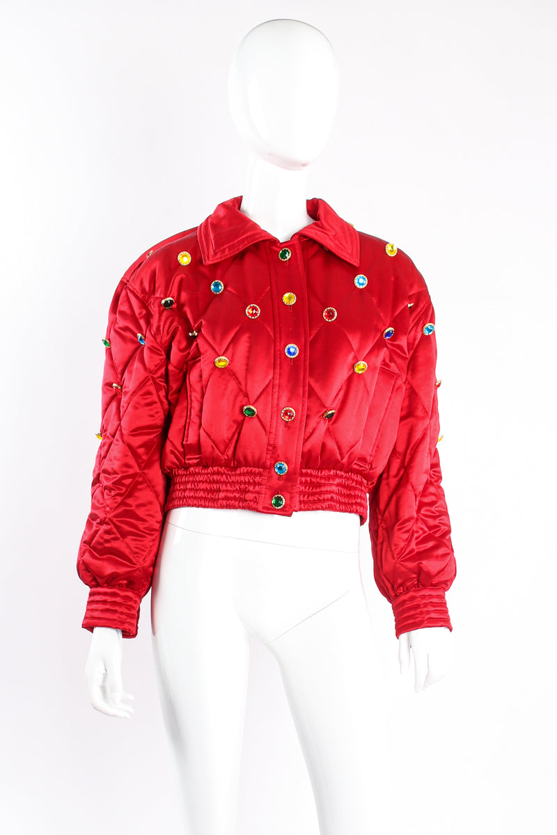 Vintage Escada Rainbow Jewel Quilted Satin Bomber on Mannequin front at Recess Los Angeles