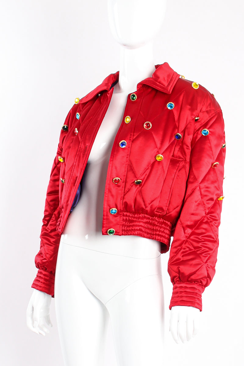 Vintage Escada Rainbow Jewel Quilted Satin Bomber on Mannequin open at Recess Los Angeles