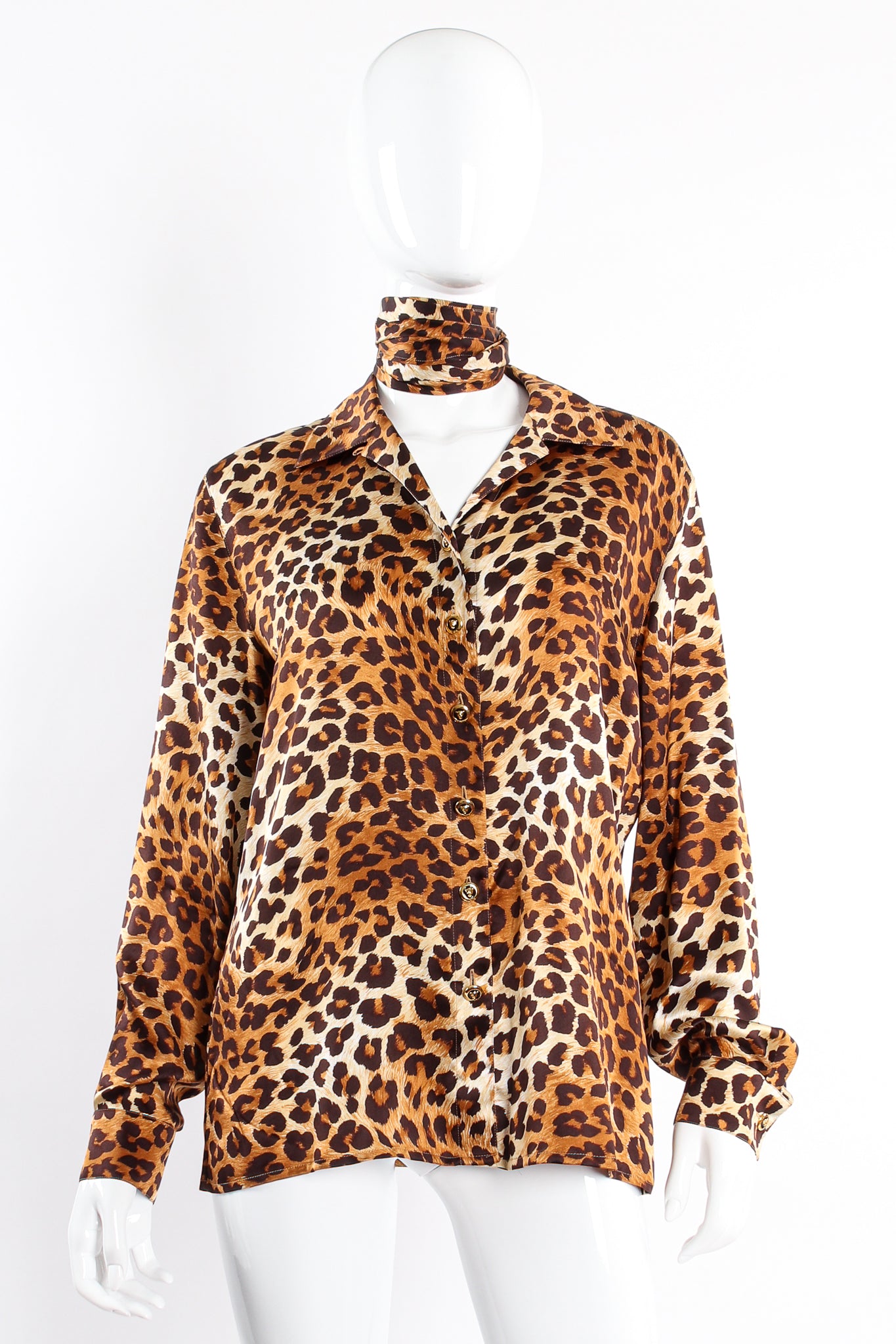 Vintage Escada Leopard Print Shirt & Scarf on Mannequin front at Recess Los Angeles