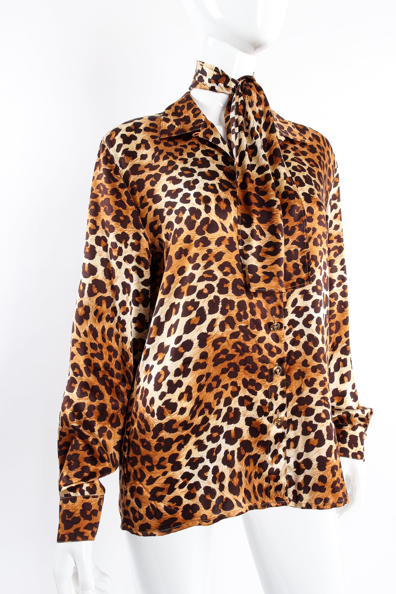 Vintage Escada Leopard Print Shirt & Scarf on Mannequin angle at Recess Los Angeles