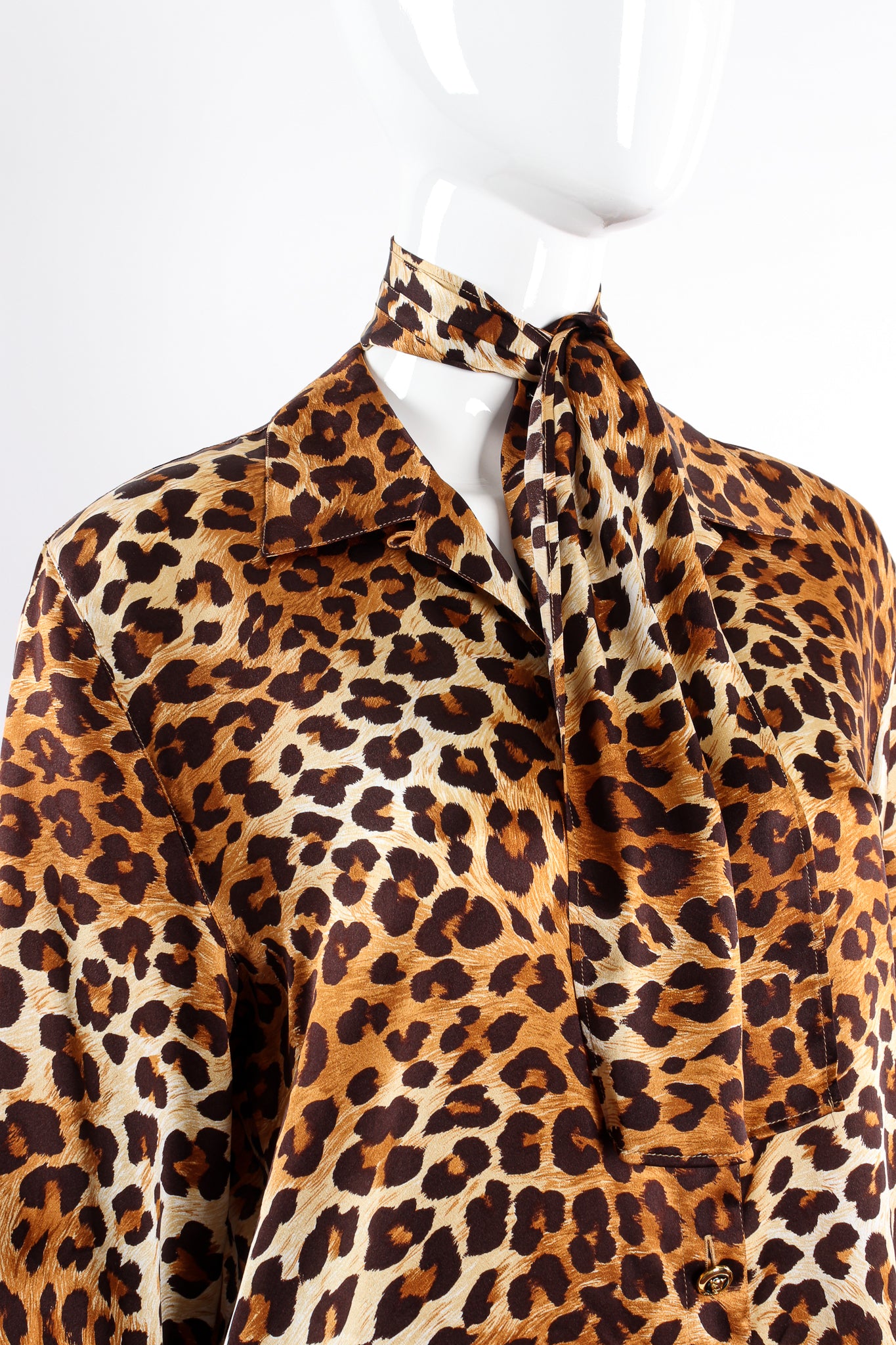 Vintage Escada Leopard Print Shirt & Scarf on Mannequin angle crop at Recess Los Angeles