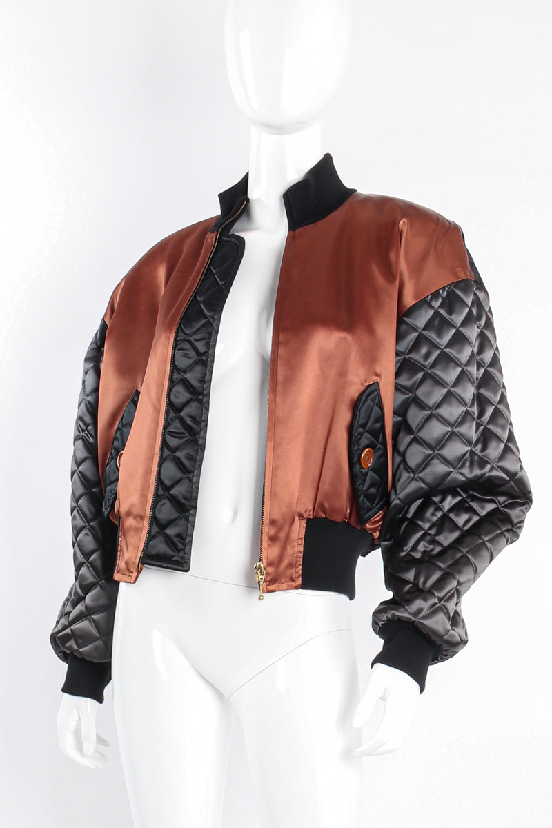 Vintage Escada Satin Colorblock Quilted Bomber Jacket on mannequin open at Recess Los Angeles