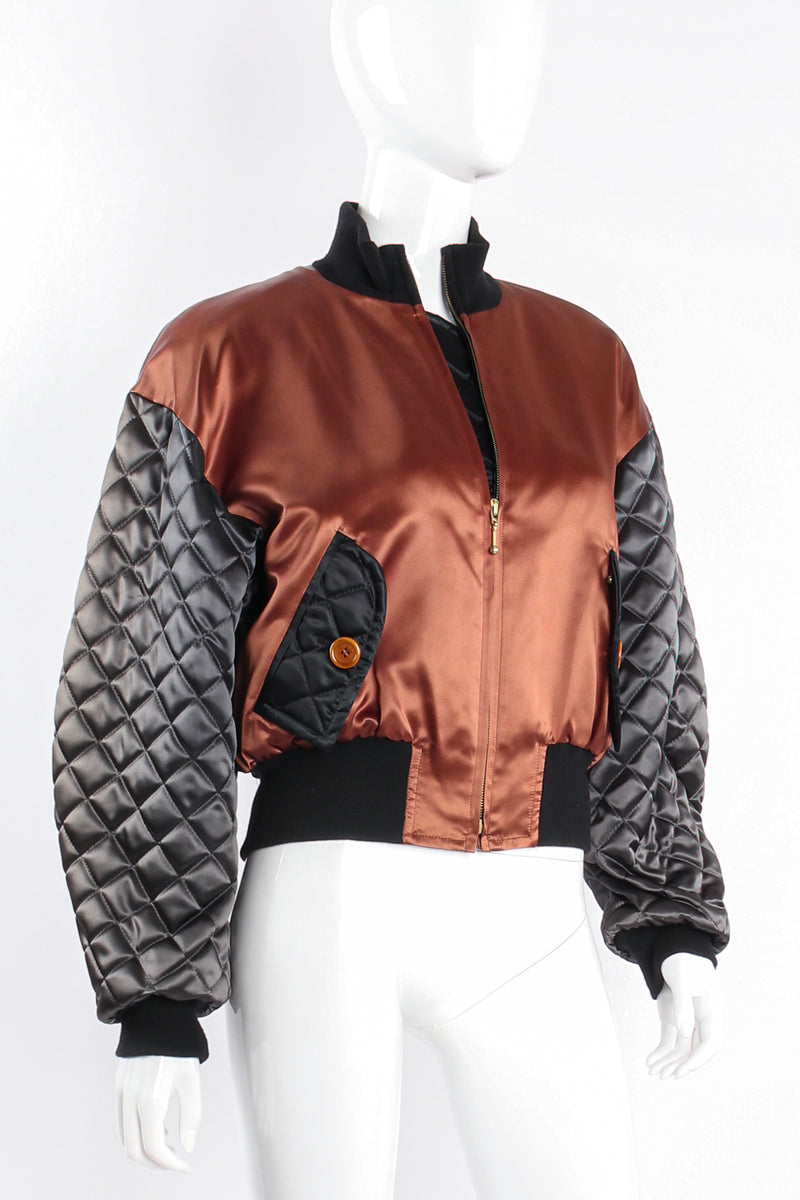 Vintage Escada Satin Colorblock Quilted Bomber Jacket on mannequin angle at Recess Los Angeles