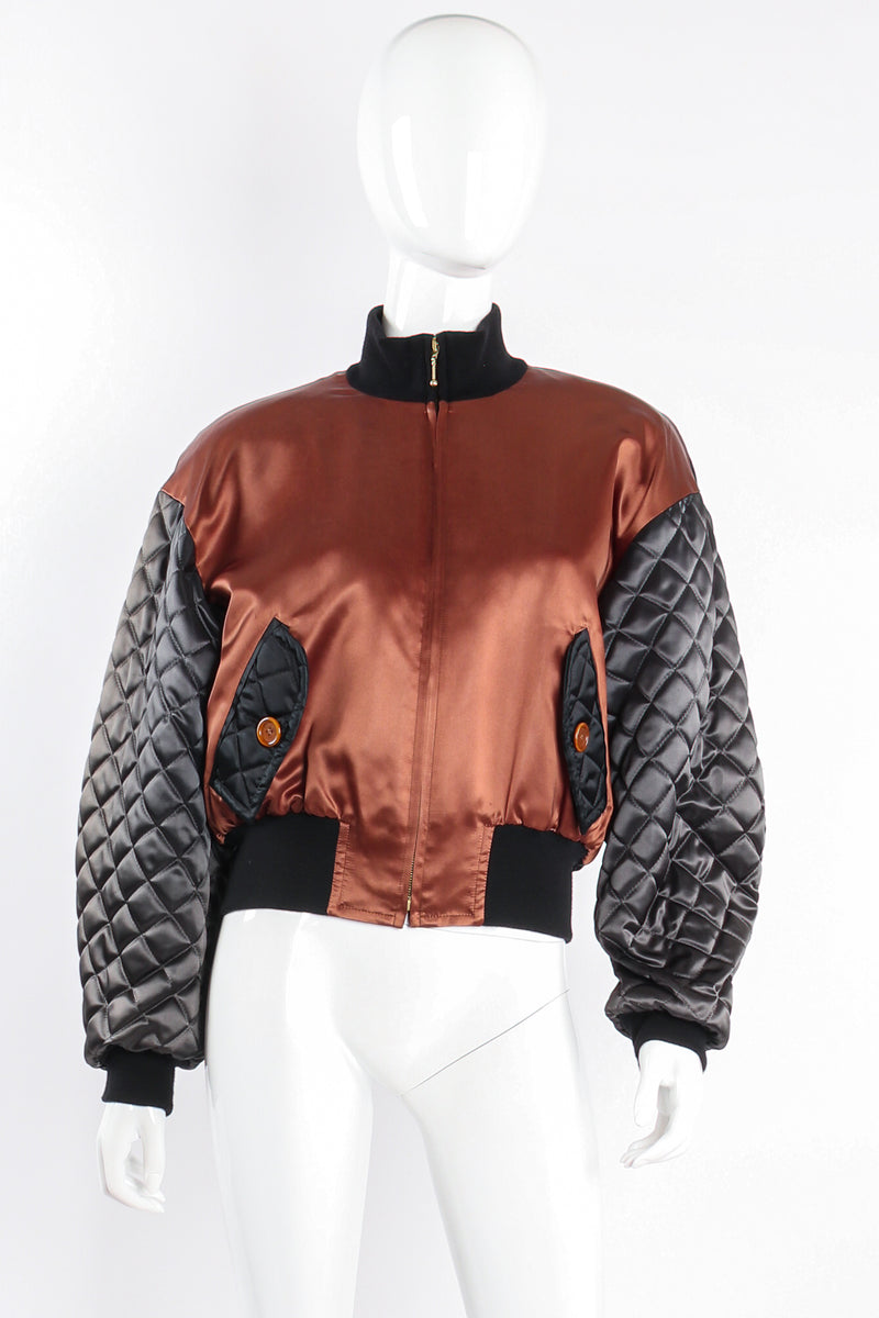 Vintage Escada Satin Colorblock Quilted Bomber Jacket on mannequin front at Recess Los Angeles