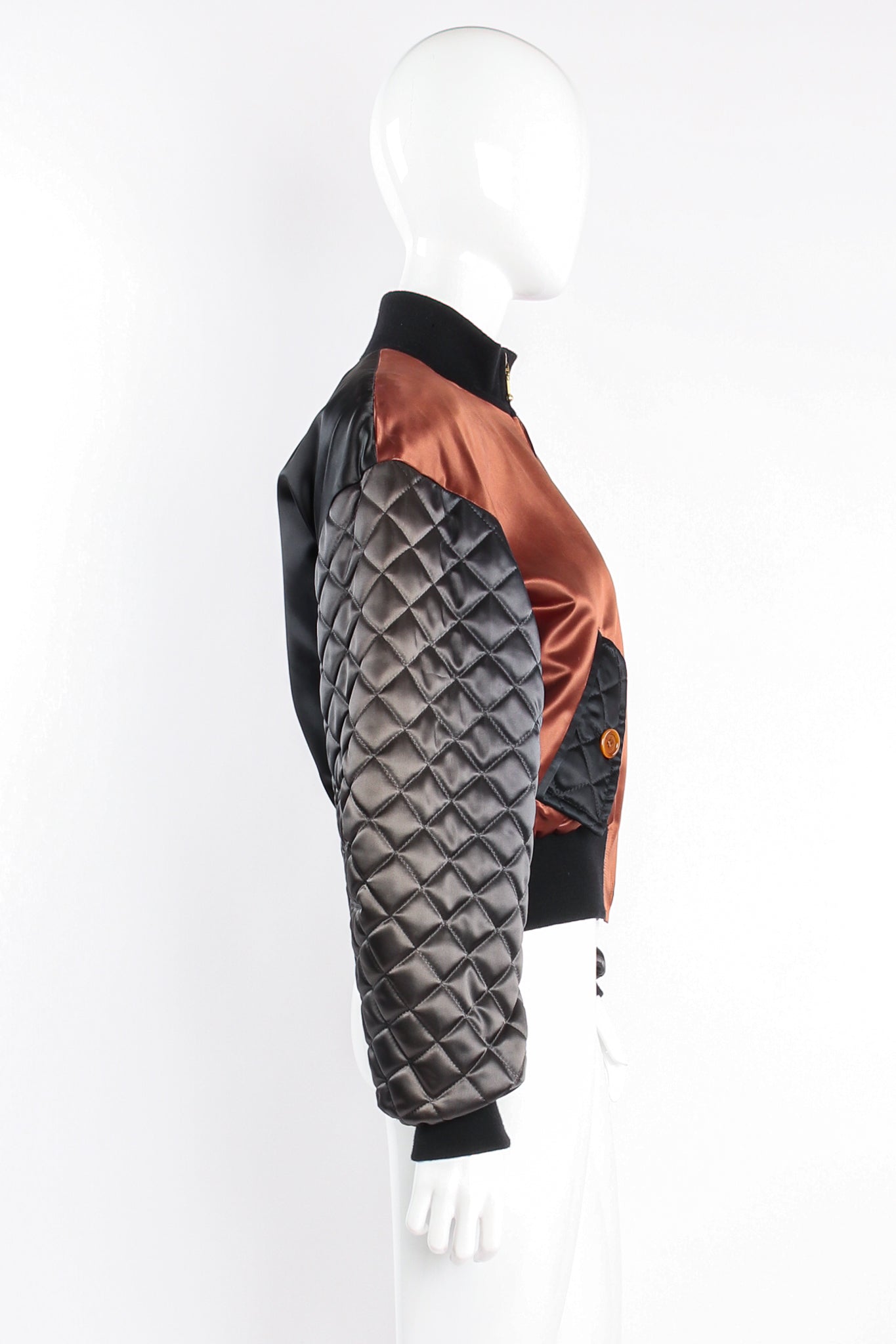 Vintage Escada Satin Colorblock Quilted Bomber Jacket on mannequin side at Recess Los Angeles