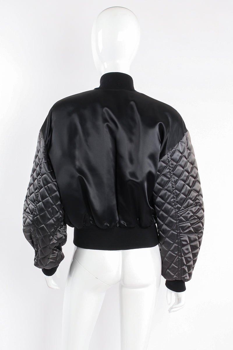 Vintage Escada Satin Colorblock Quilted Bomber Jacket on mannequin back at Recess Los Angeles