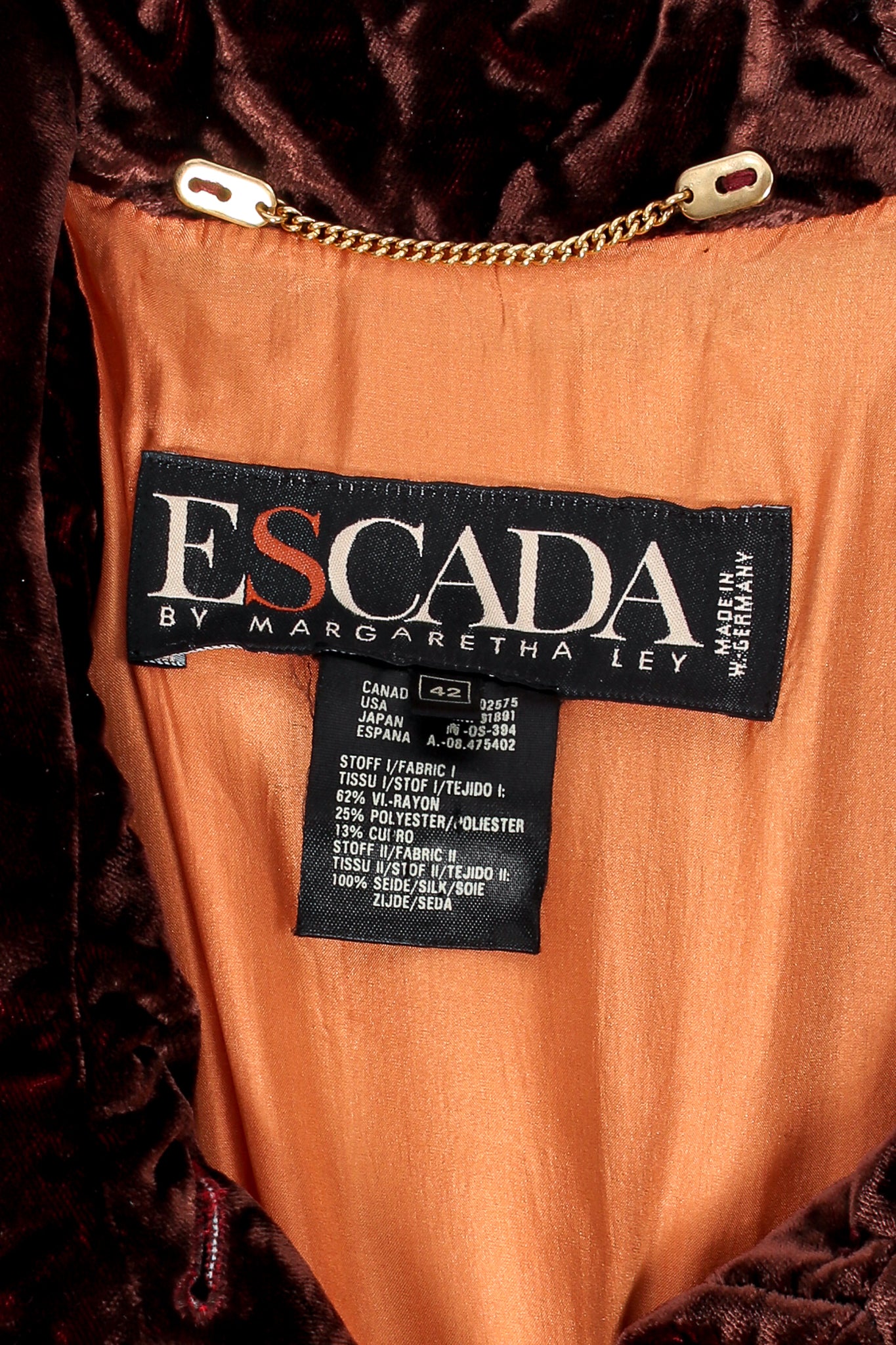 Vintage Escada Quilted Panne Velvet Bomber Jacket label at Recess Los Angeles